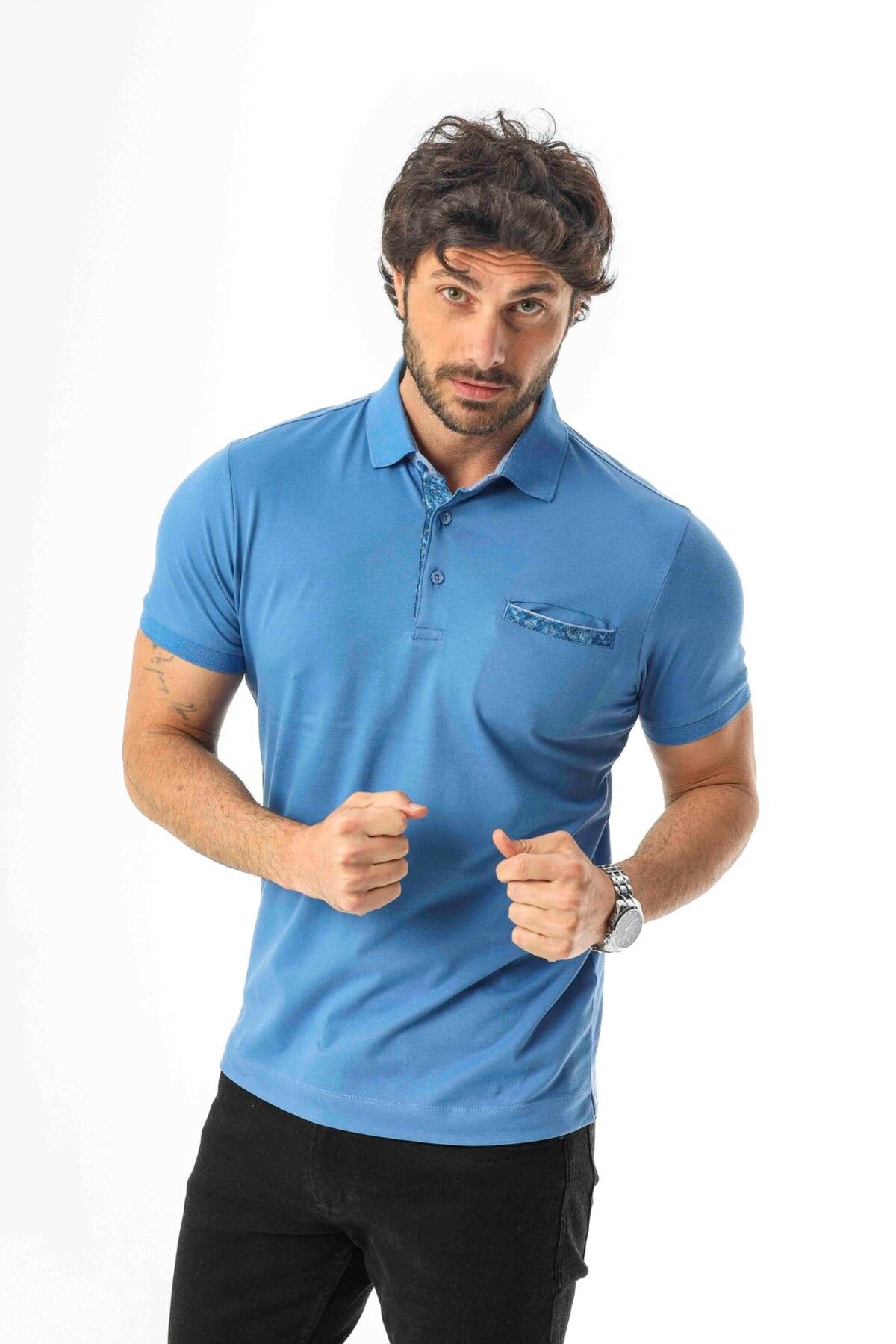 Tony Montana Büyük Beden Regular Fit Polo Yaka Cepli Baskılı T-Shirt-PL-3458