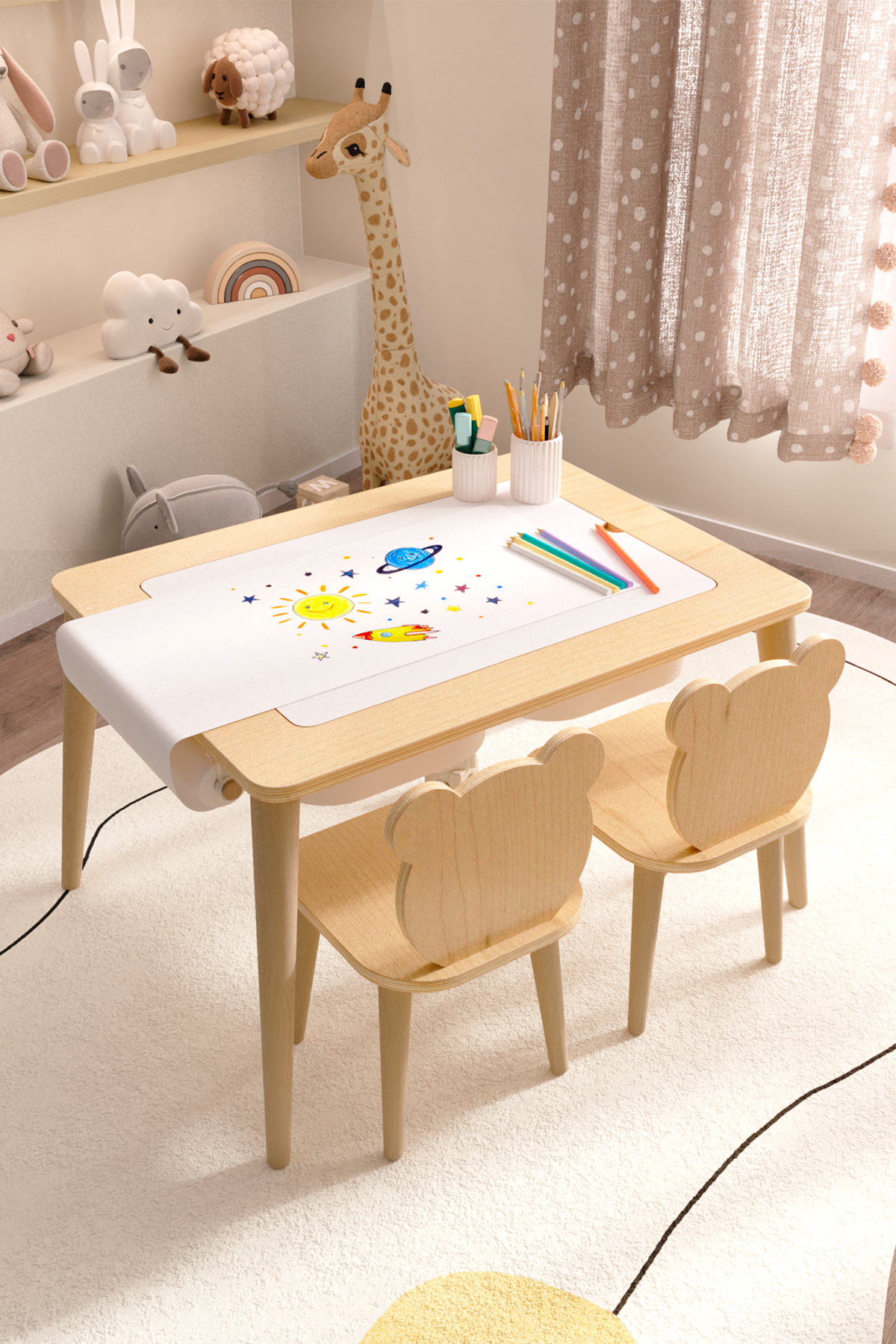 OBİ Atölye Ahşap Oyun Aktivite Masası Suya Karşı Dayanıklı Ahşap 2 adet Ayıcık Sandalyeli fotoğrafı 2 (önizleme)