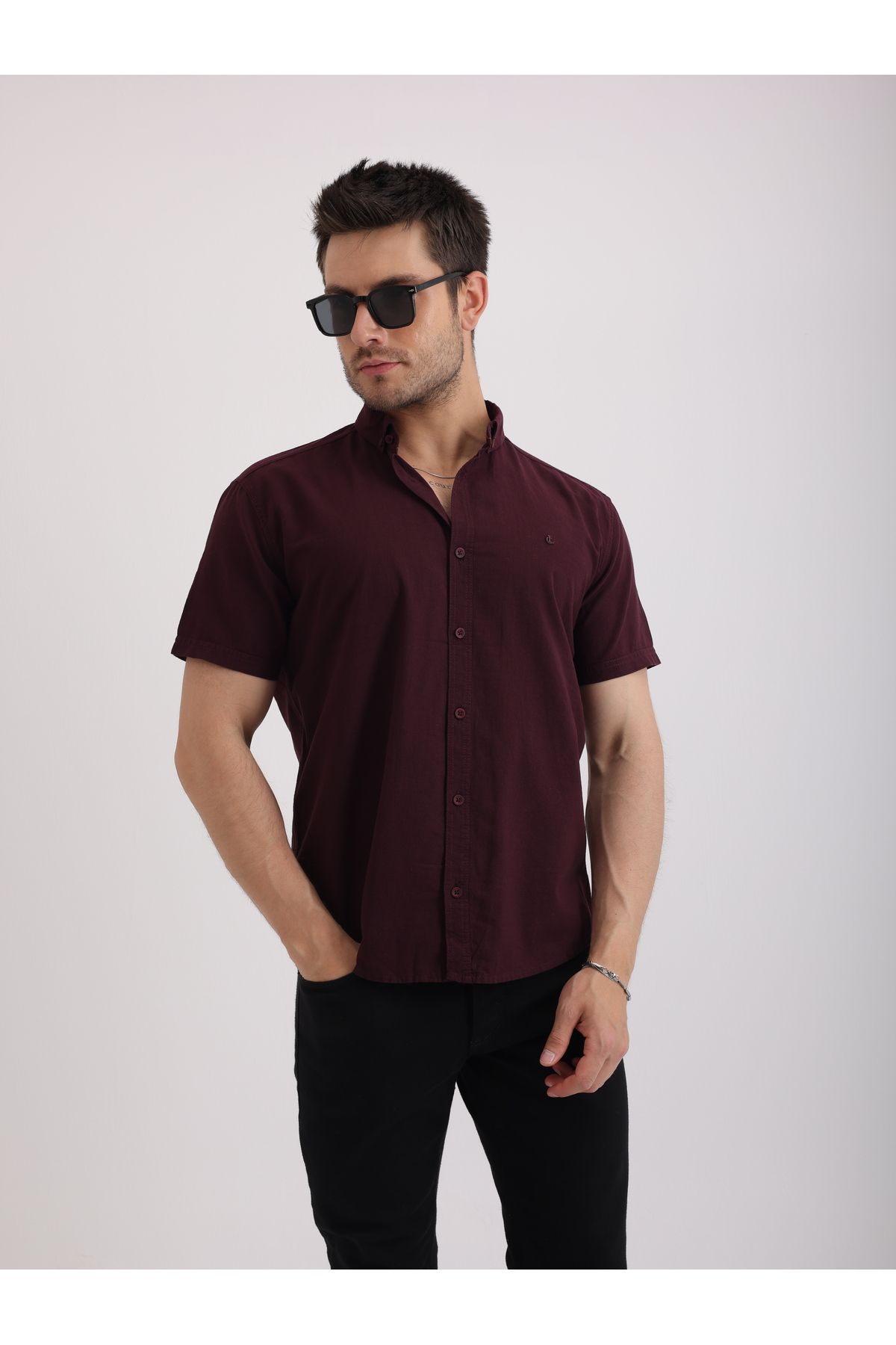 Sabe Erkek Slim Fit Bordo Şık ve Rahat Kısa Kollu Keten Gömlek