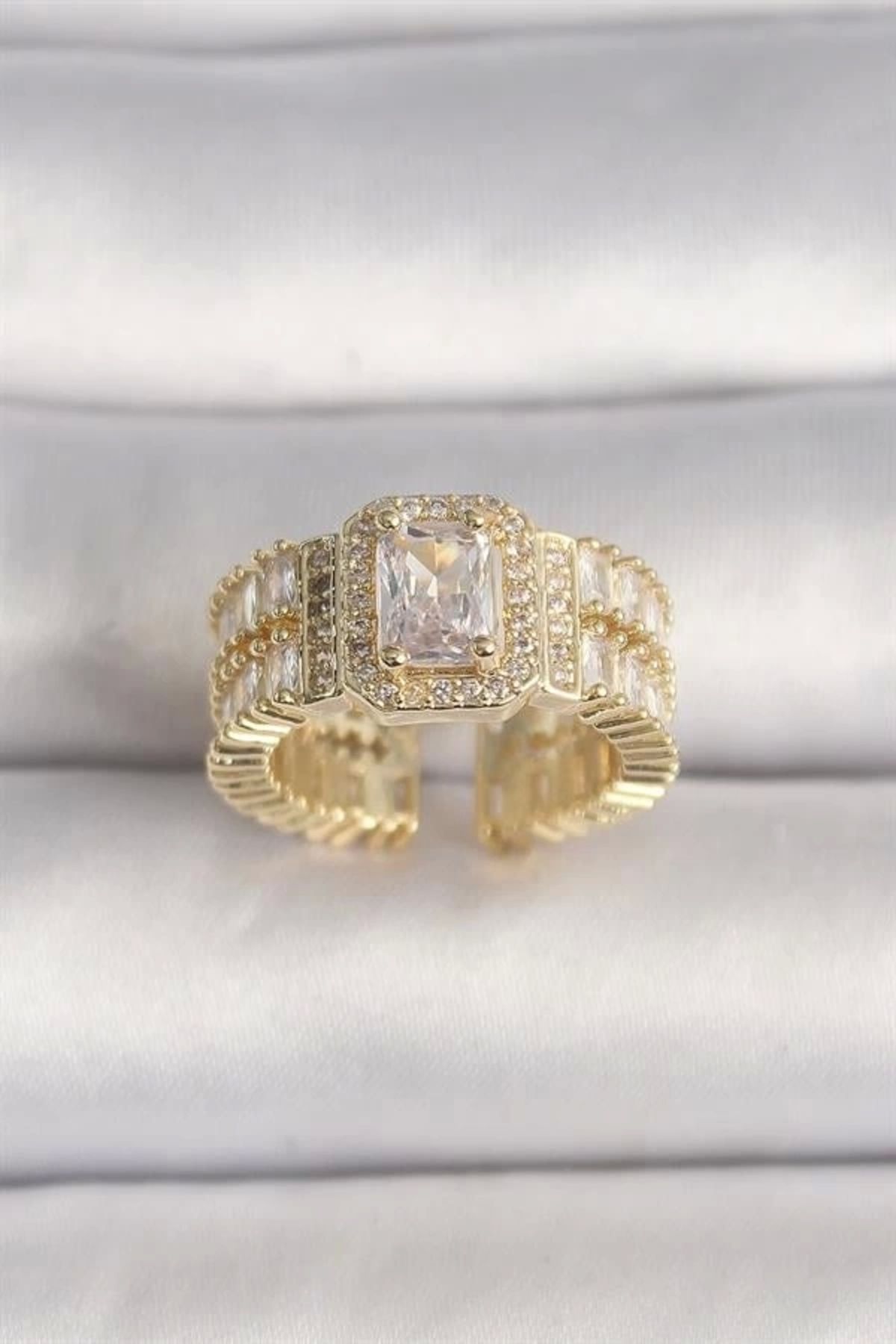 Modazel Pirinç Gold Renk Ayarlanabilir Baget Zirkon Taş Model Kadın Yüzük