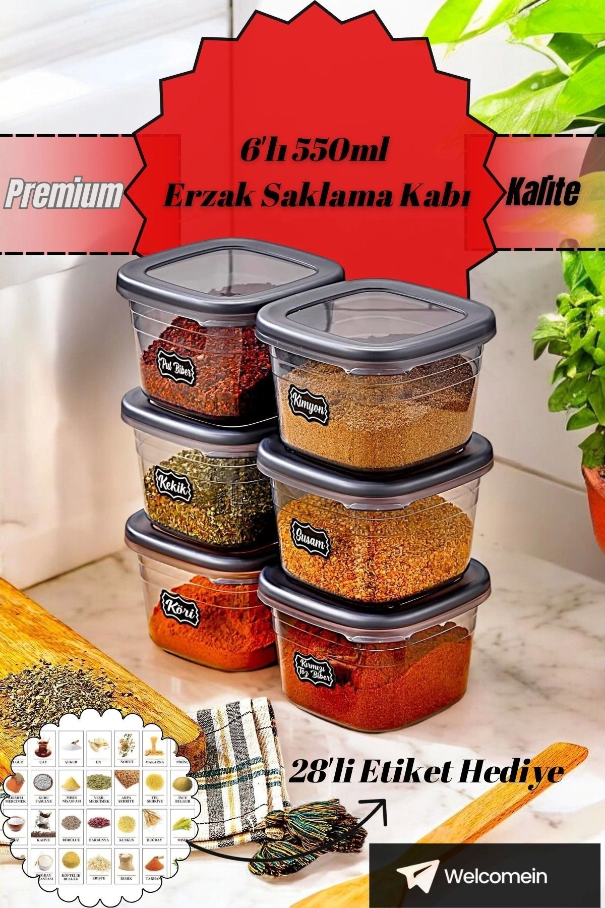 costurera 6 Adet Square Antrasit Etiketli Baharatlık Takımı - 550 ml - 6'lı Kare 0.55 Lt Etiket Hediyeli