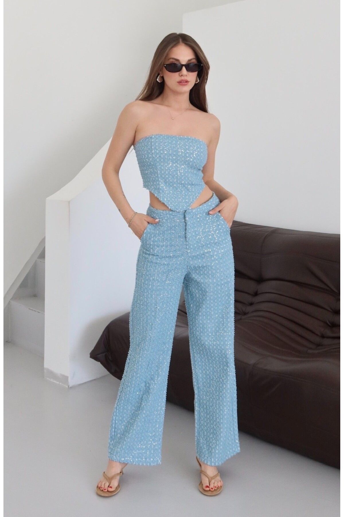 Laluvia Mavi Pullu Kot Pantolon