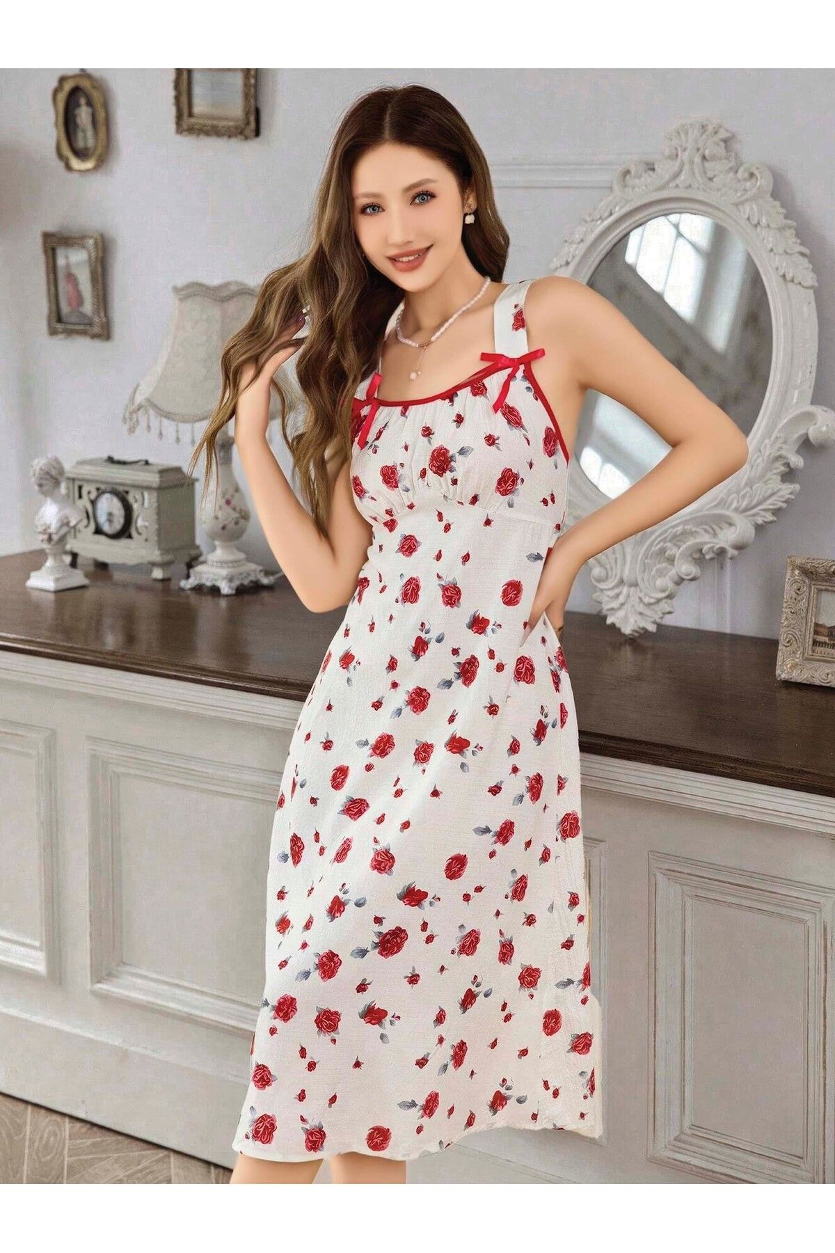 utsnstore UZUN ÇİÇEK BASKILI GECELİK TAKIM