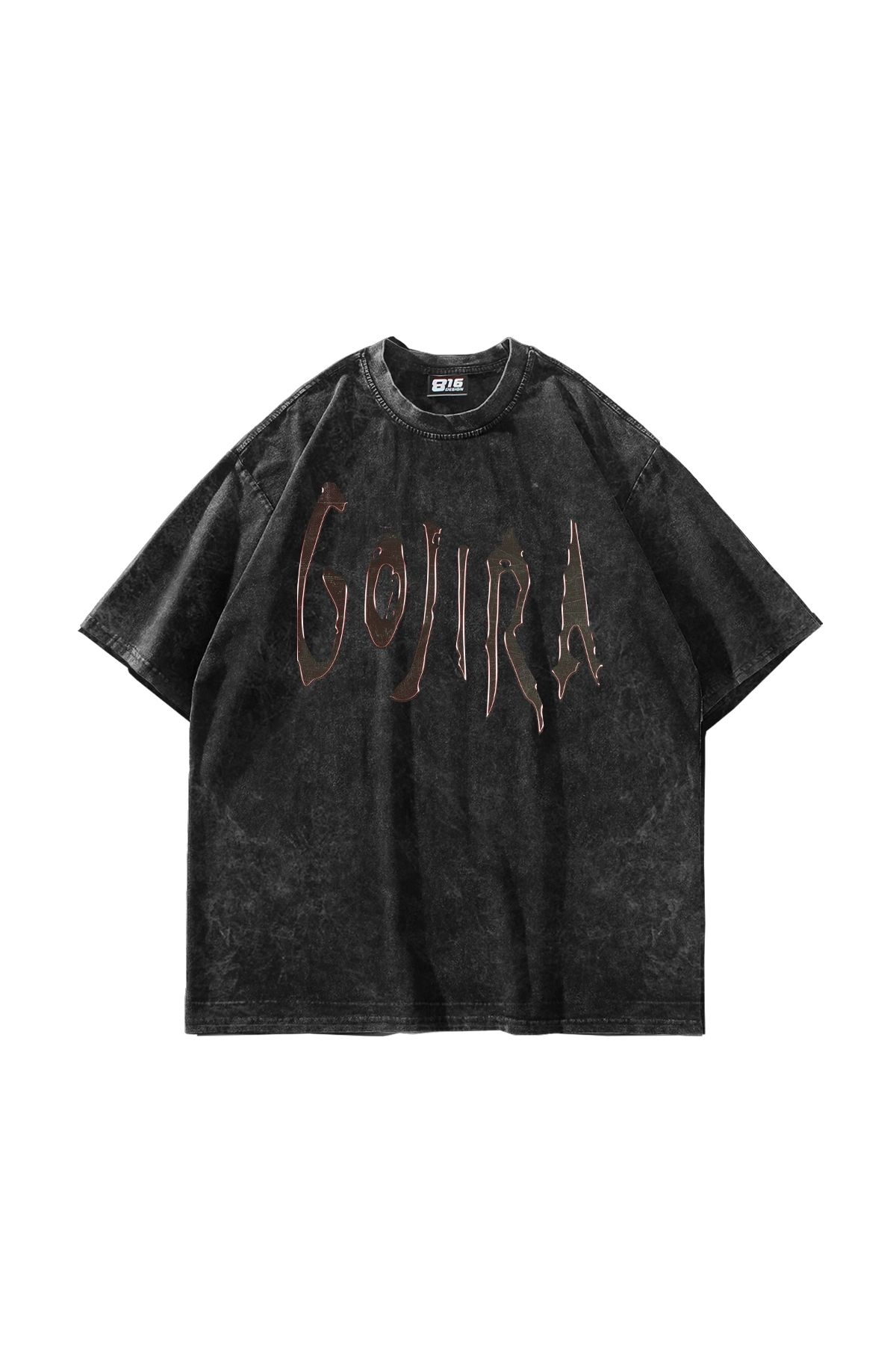Sekizbiraltı Gojira Baskılı Oversize Unisex Yıkamalı Siyah Tshirt