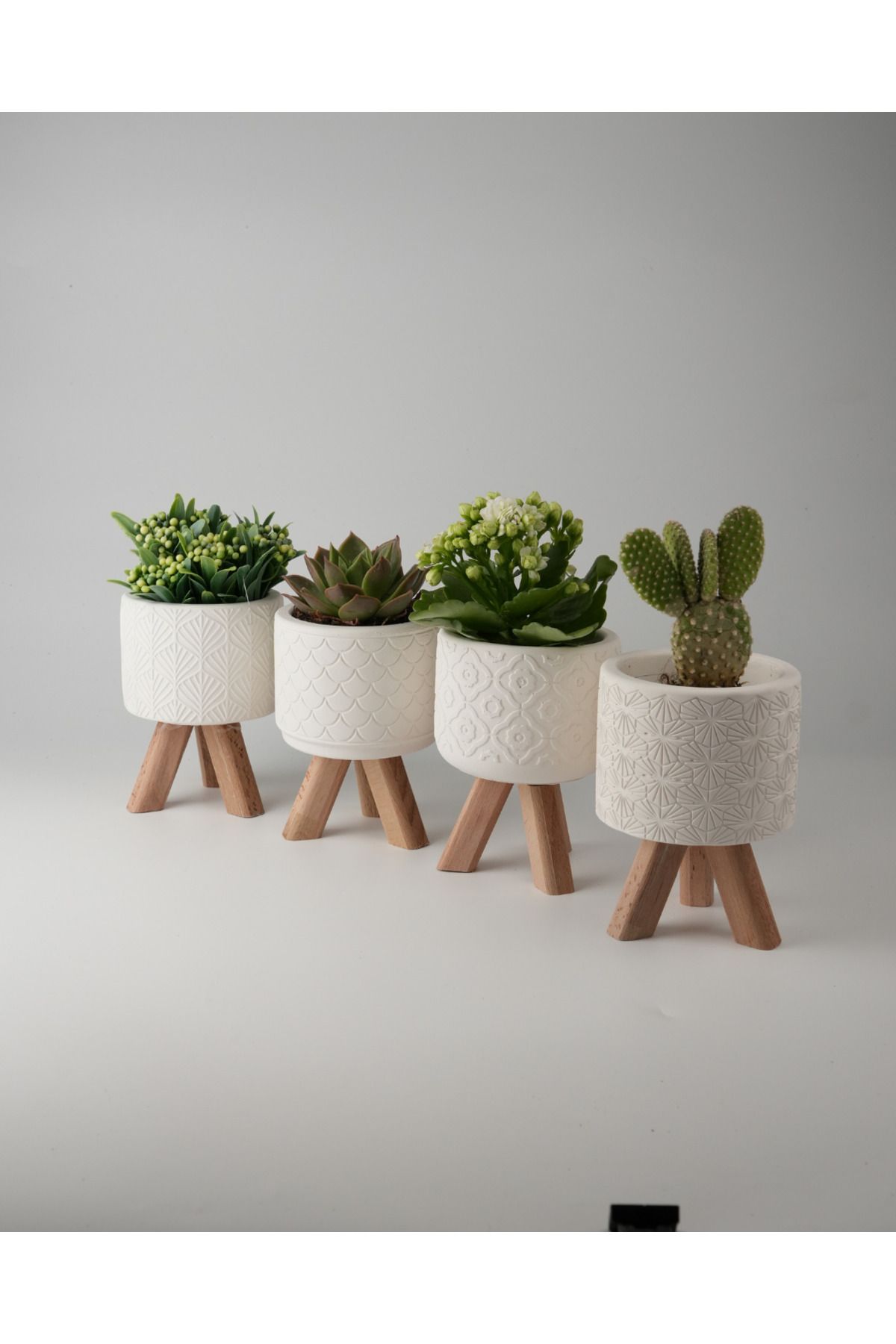 Kaju Creative Dekoratif Beton Saksı Beyaz 4'lü Set Ahşap Ayaklı- Yaprak - Çiçek - Balık Pulu - Karo Çizgi -