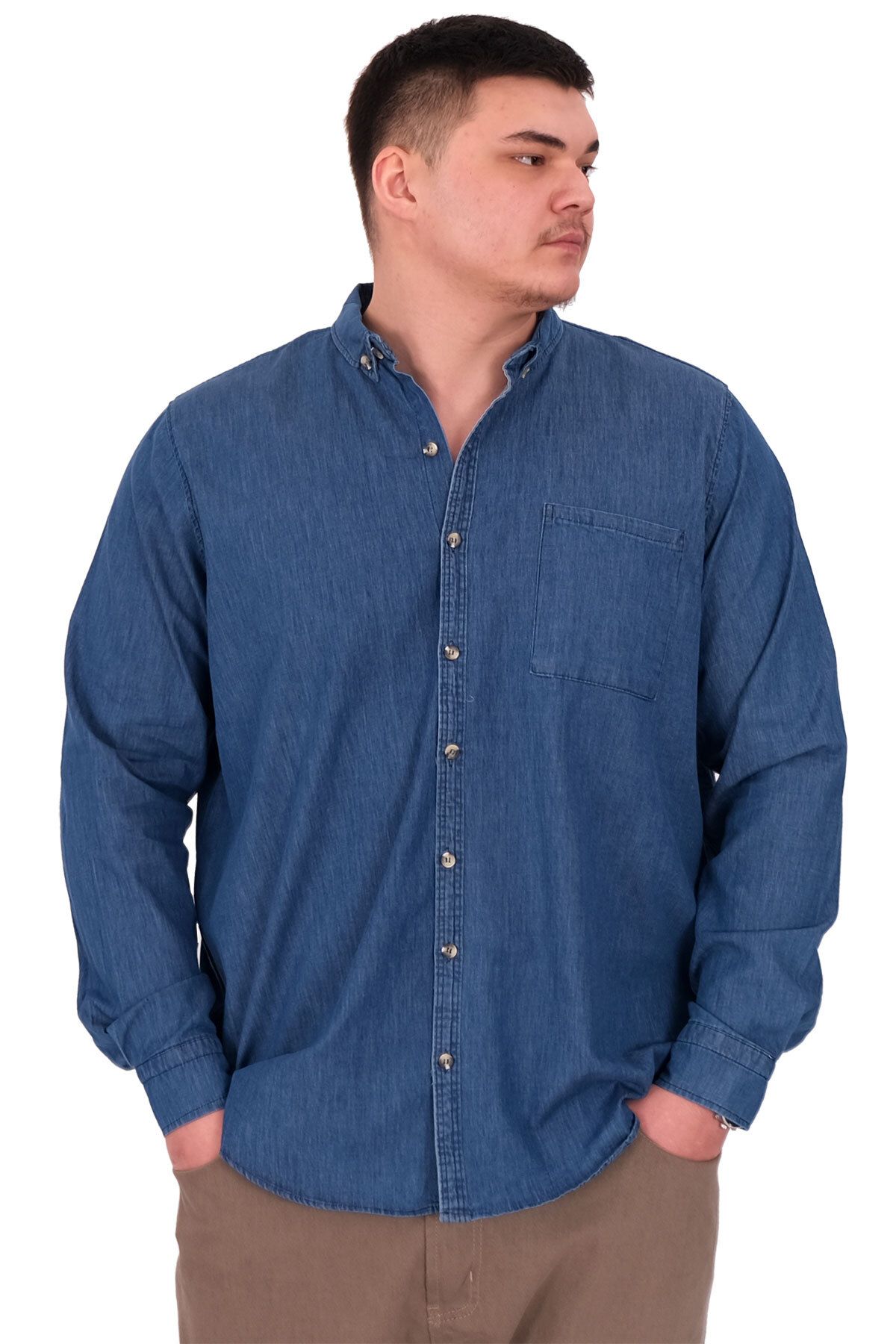 ModeXL Mode XL Büyük Beden Erkek Uzun Kol Kot Gömlek U24391 Mavi