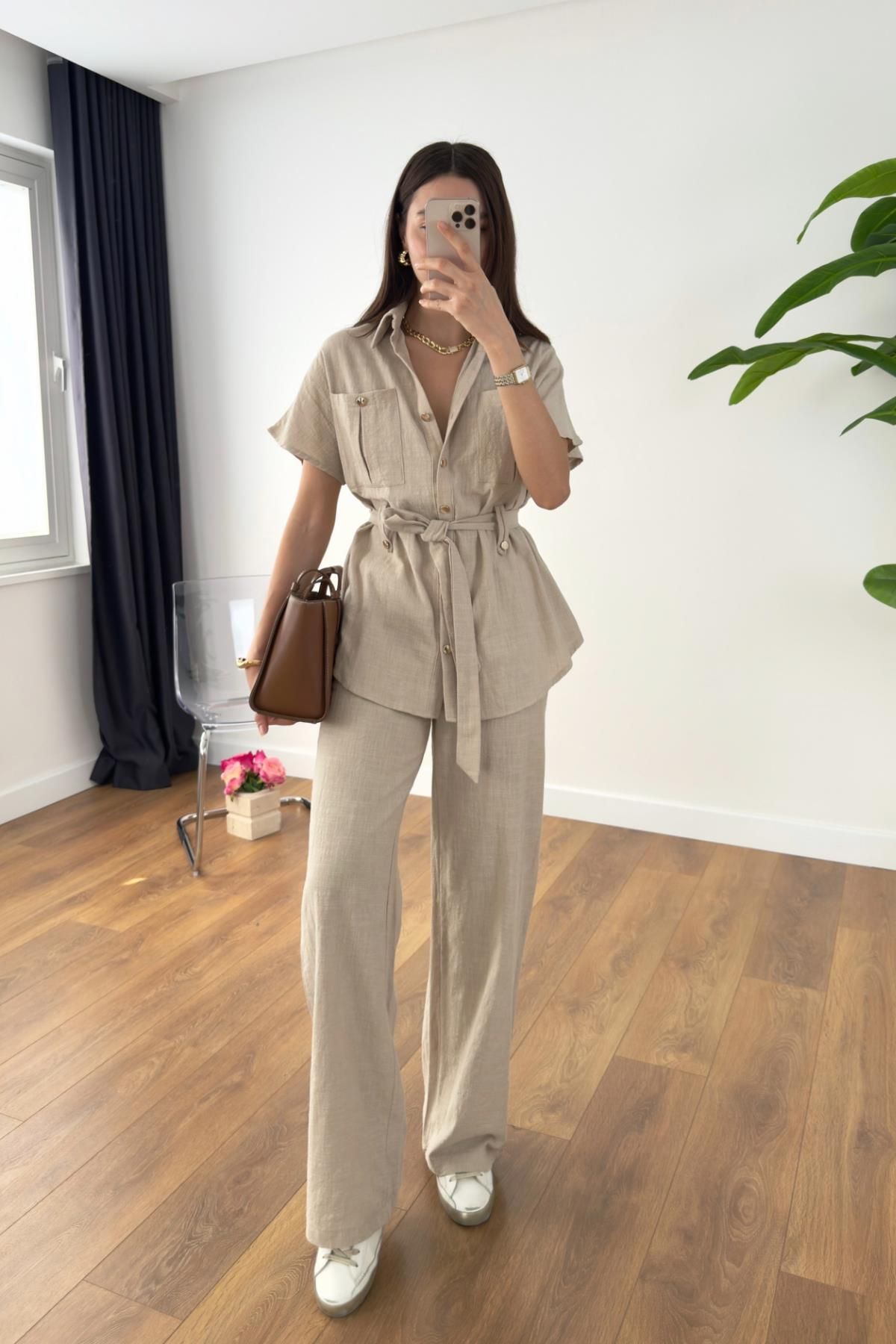 My Blog Natural Düğmeli Kuşaklı Bluz Pantolon Takım - 7207
