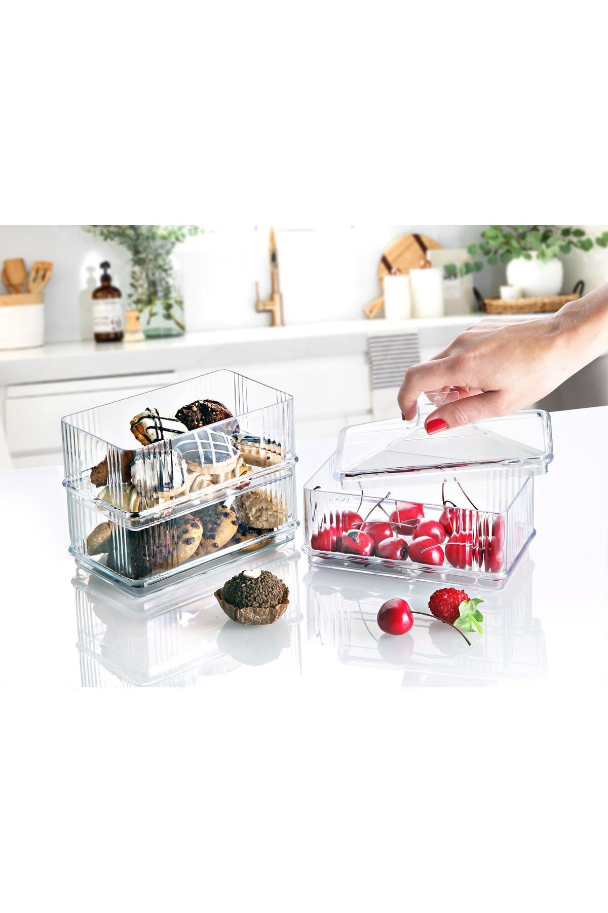 Crystal Ware 3 Lü Şeffaf Dikdörtgen Saklama Kabı,Kahvaltılık, Drajelik,Çerezlik,Sunumluk