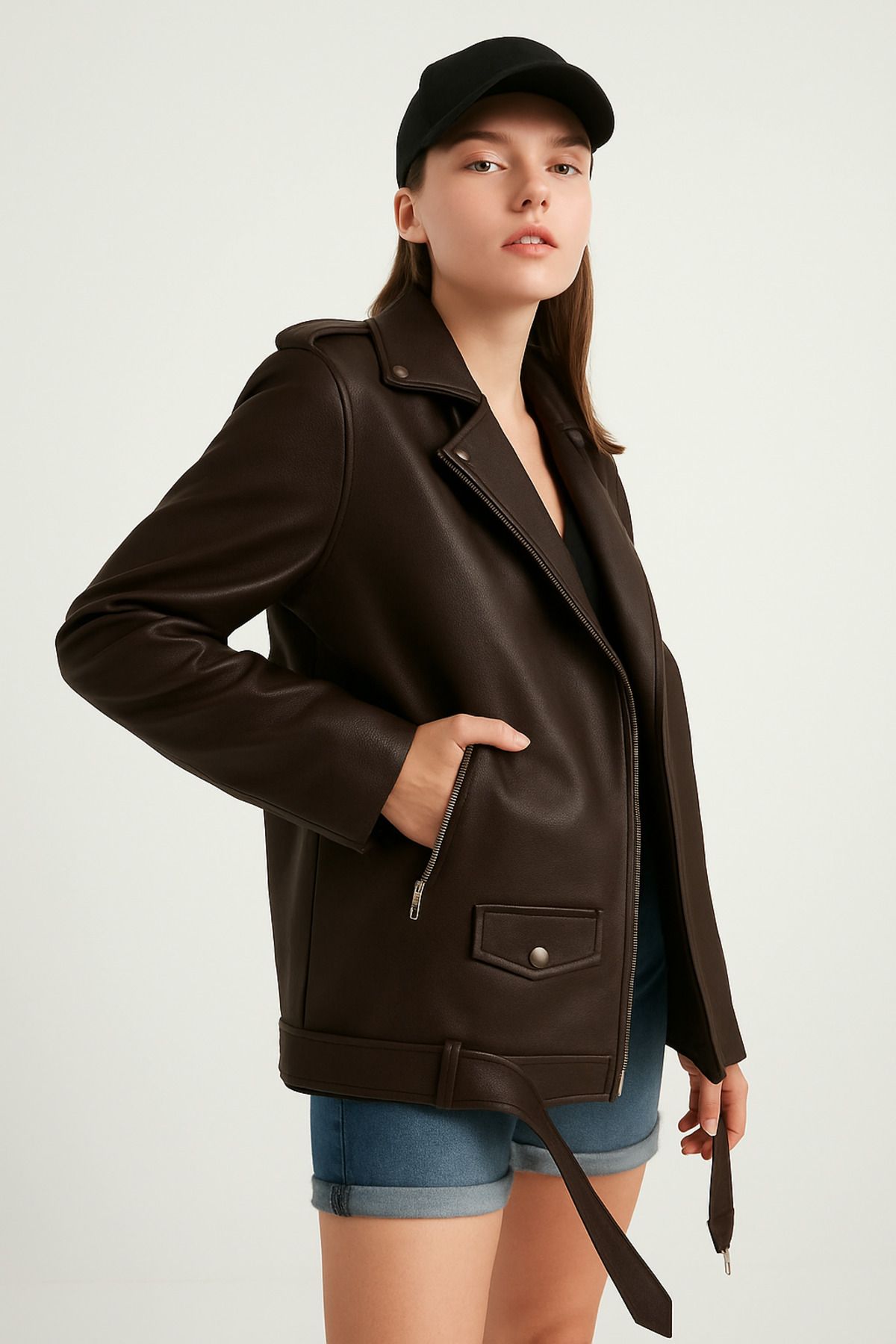 MEECY Damska Skórzana Kurtka Oversize Typu Biker Kobieta - L