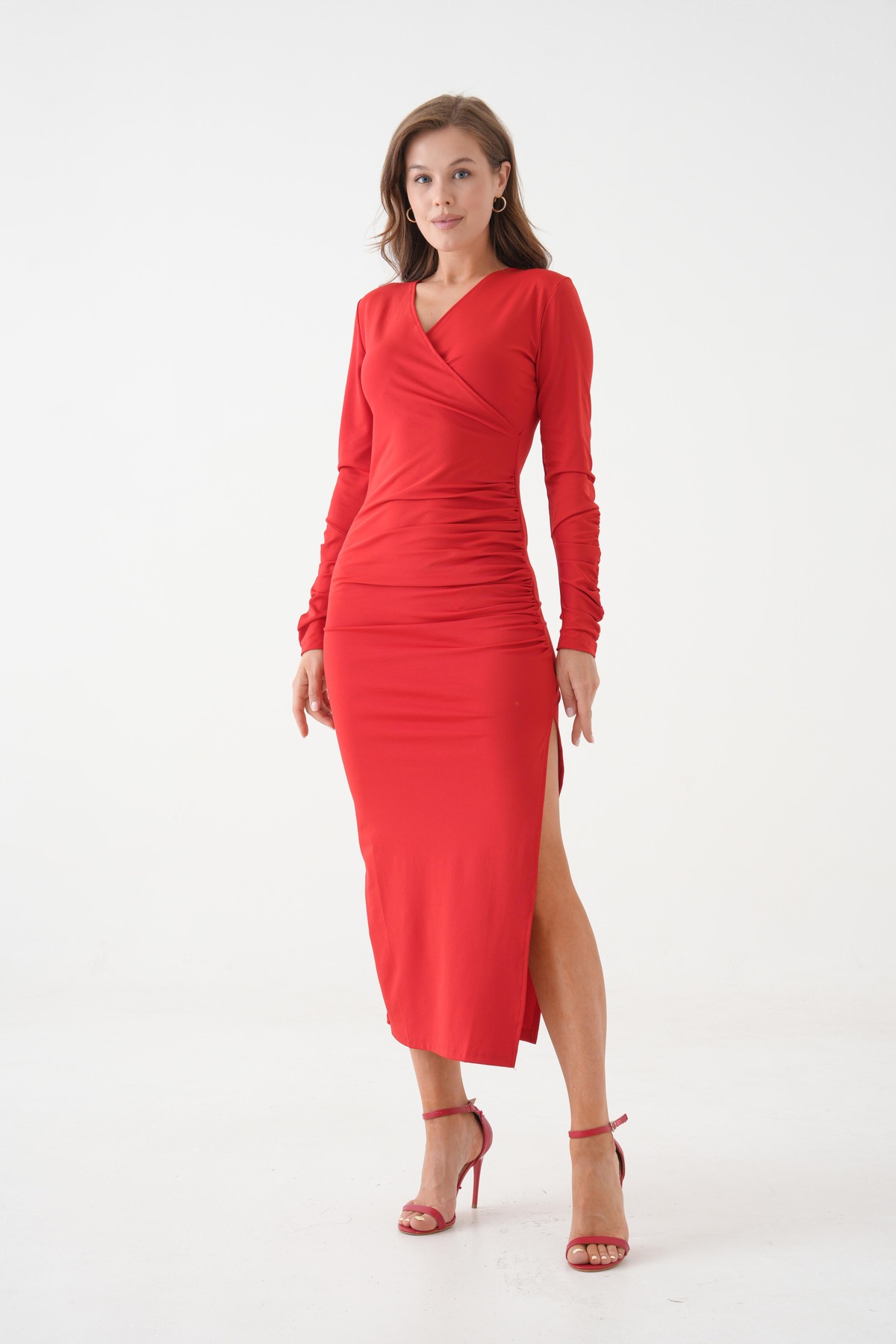 Red Stretch Scuba Fabric Midi Length Wrap Neckline Slit Detail Long Sleeve Evening Dress
