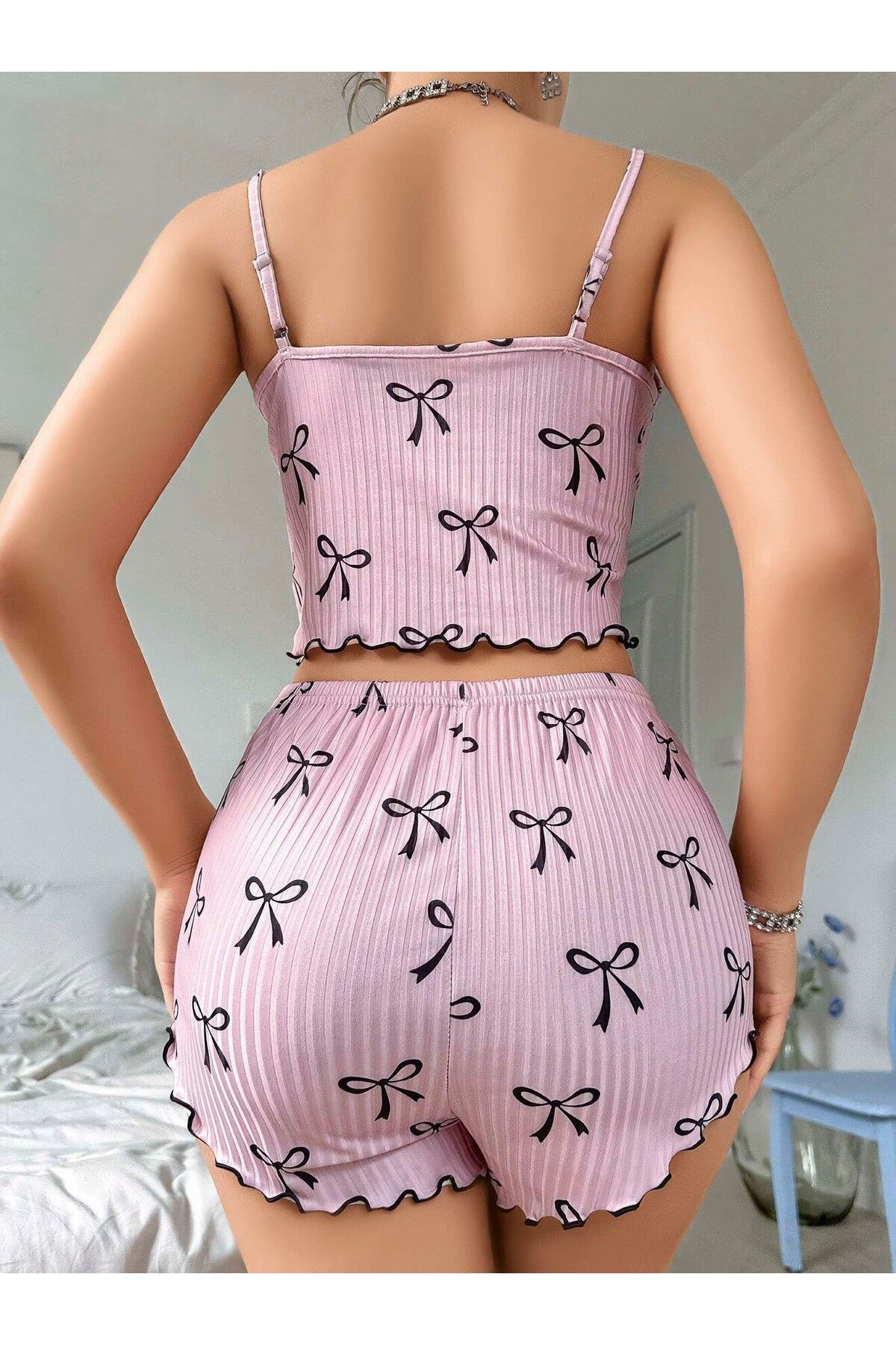 utsnstore PEMBE ALT ÜST ŞORT CROP DESENLİ FANTEZİ PİNTEREST KADIN PİJAMA TAKIMI