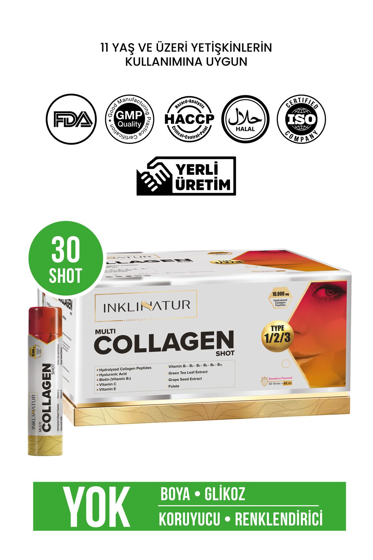 INKLINATUR Multi Collagen Shot - Tip 1-2-3 Kolajen & 10.000mg & Multi Vitamin-Mineral