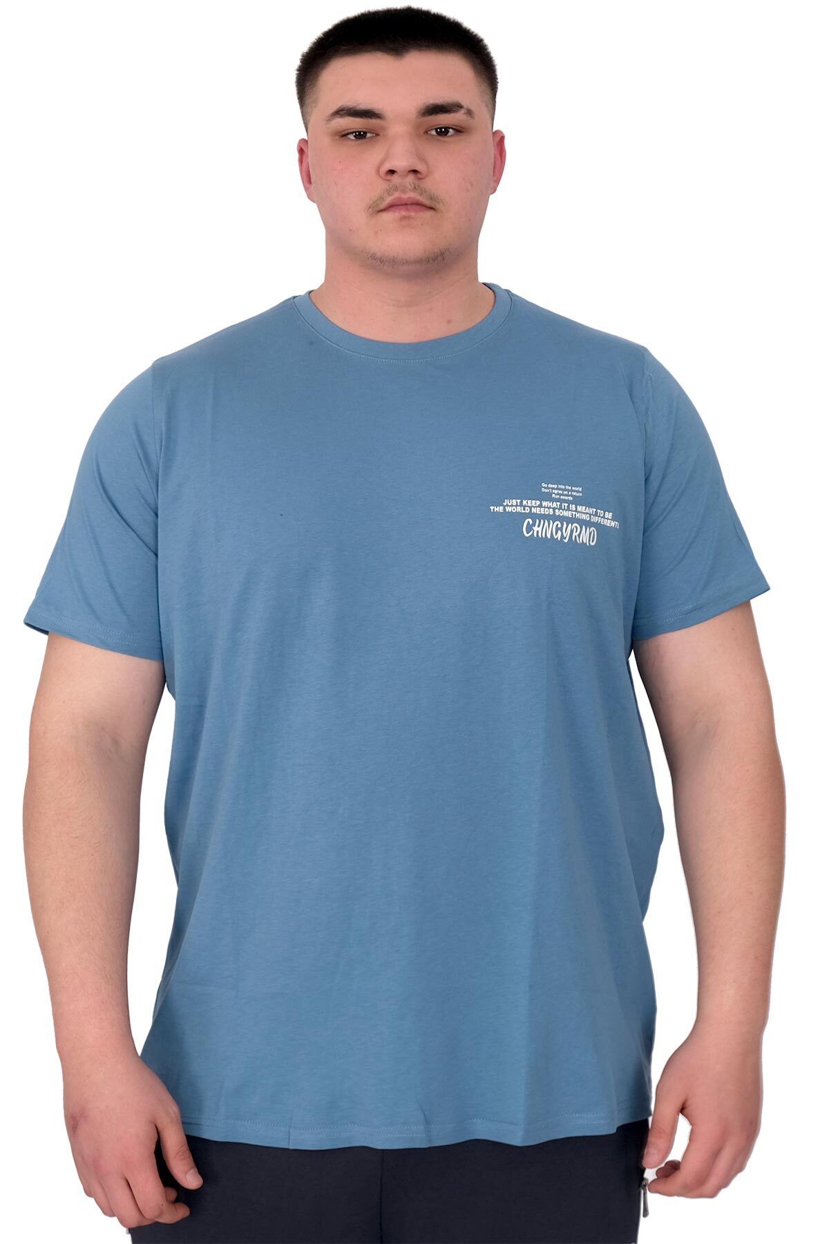 ModeXL Mode XL Büyük Beden Erkek T-Shirt Bisiklet Yaka Compaes U25021 Mavi