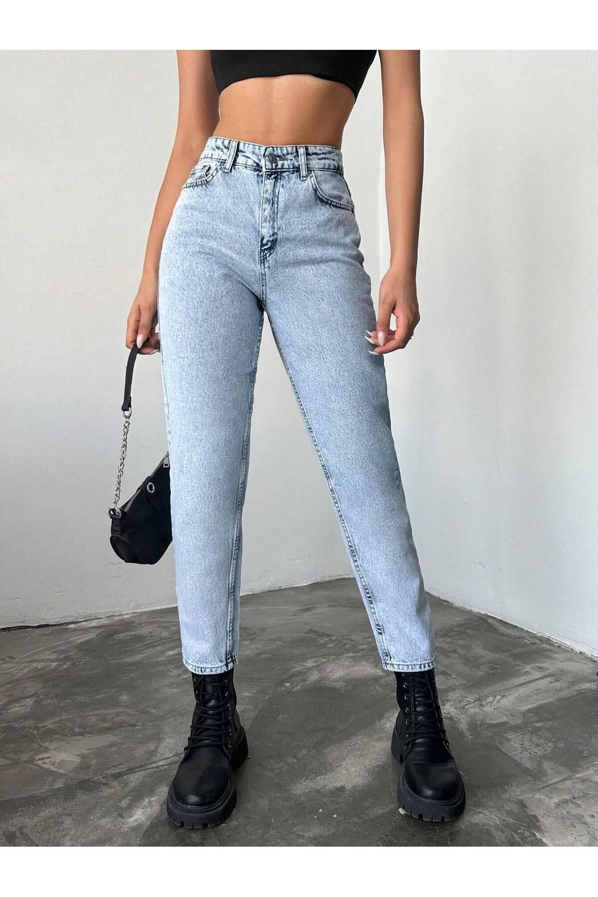 WODDİ Duryn Kadın Kar Mavi Mom Jeans Likralı Esnek Kot Pantolon-1