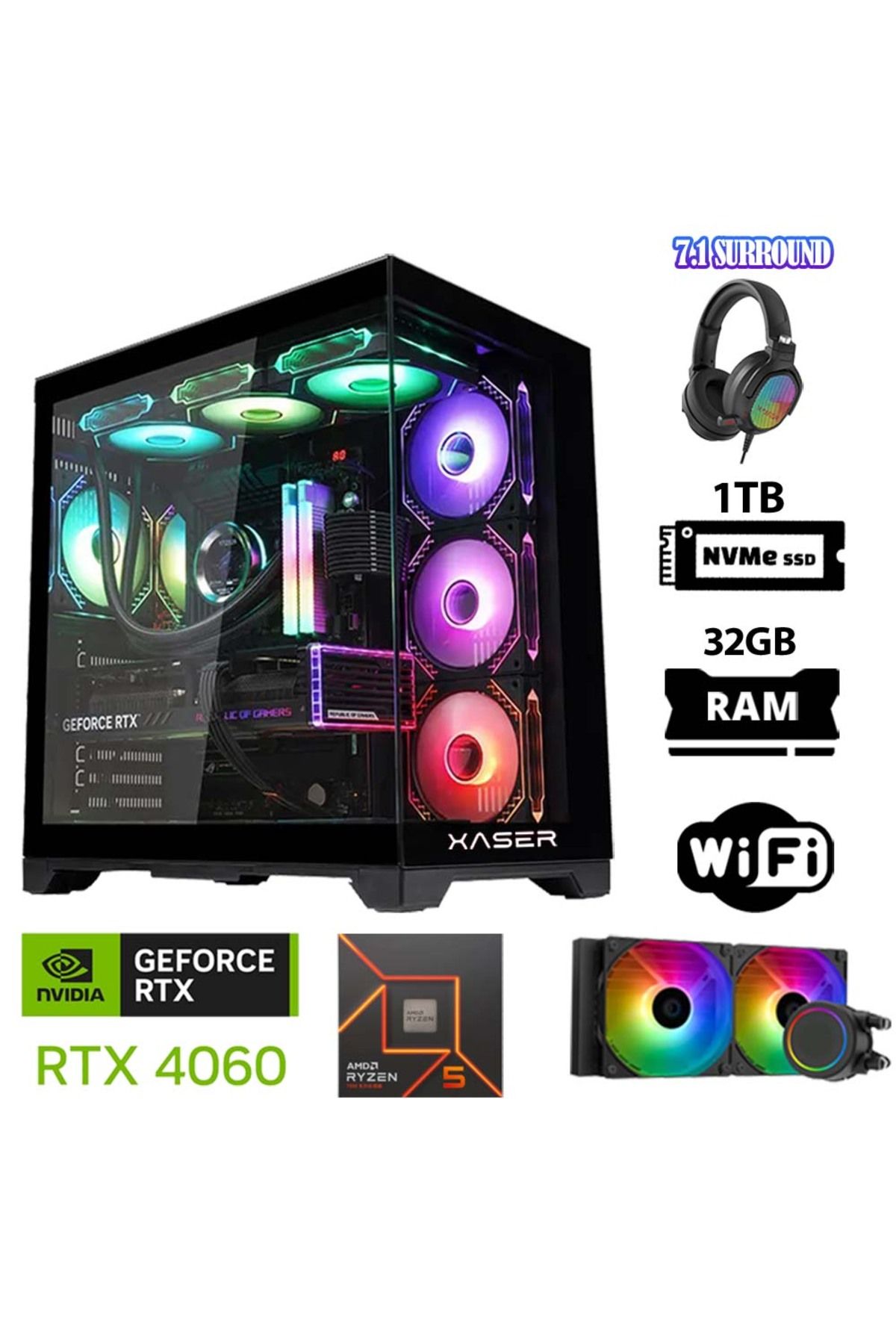 XASER Delux X130 Ryzen 5 8400f 32gb Ddr5 Ram 1tb M.2 Nvme Ssd 8gb Rtx4060 Sıvı Soğutmalı Oyuncu Bilg