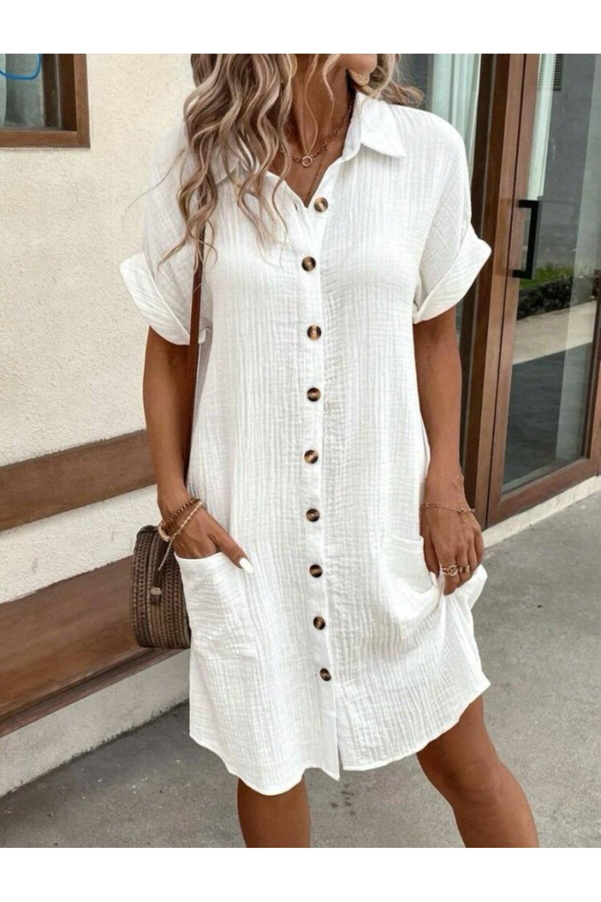 velmorafashion Kadın Kısa Kollu Cep Detaylı Bürümcük Kumaş Gömlek Elbise