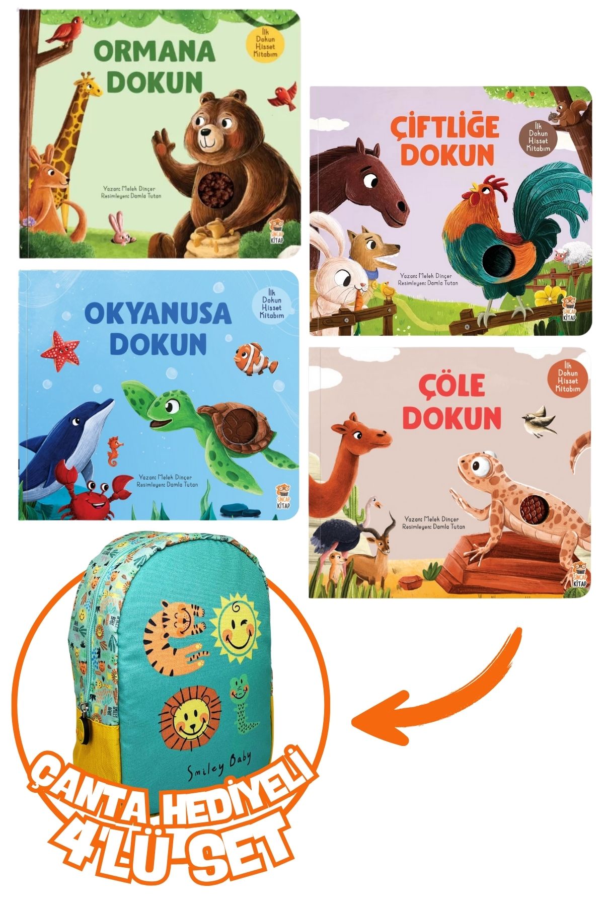 Sincap Kitap İlk Dokun Hisset Kitabım-Çöl/Okyanus/Orman/Çiftlik 4'lü Set+Hediye SmileyBaby Yırtıcı Anaokul Çanta