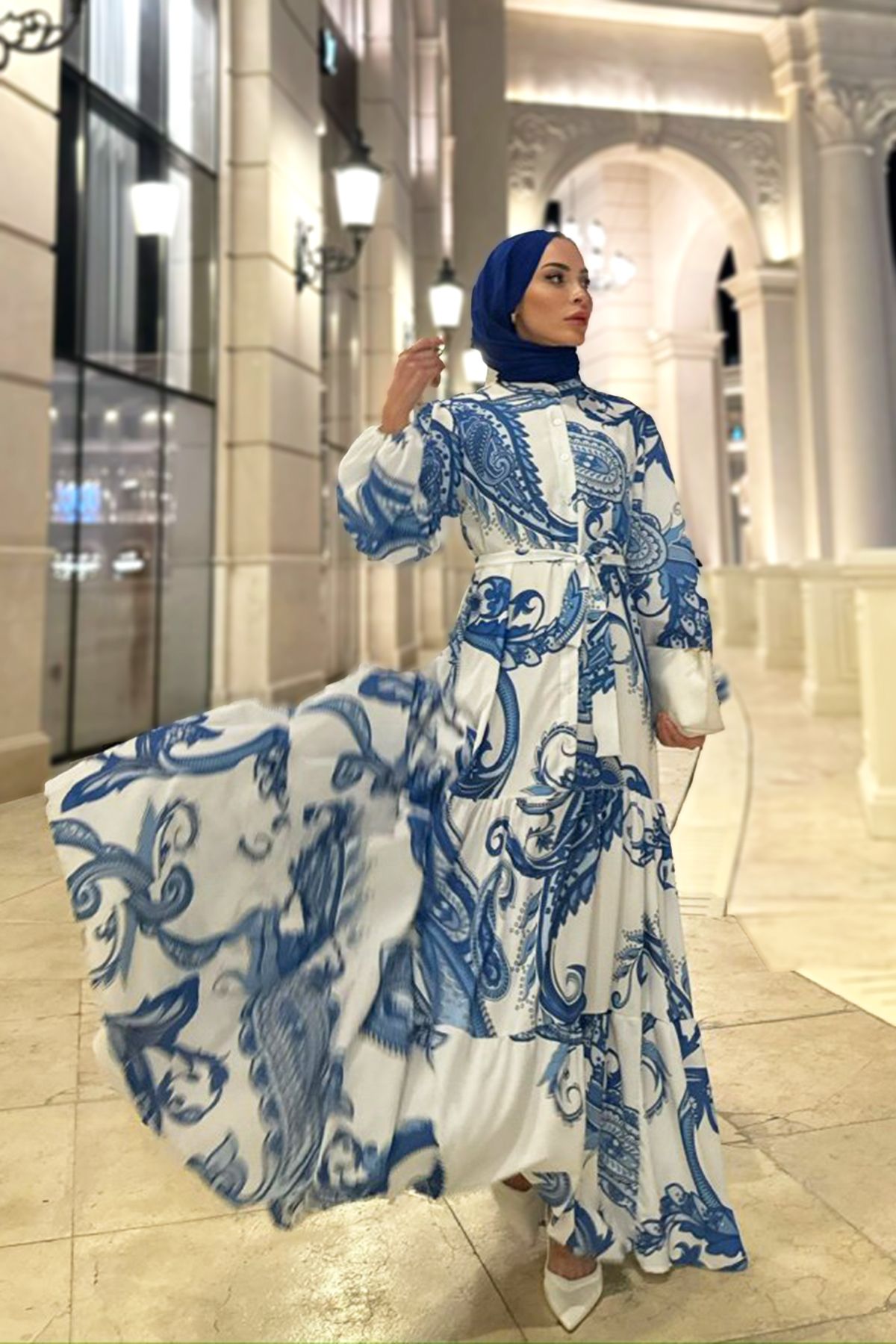 Merwishop Merwish Düğmeli Desenli Elbise 1207