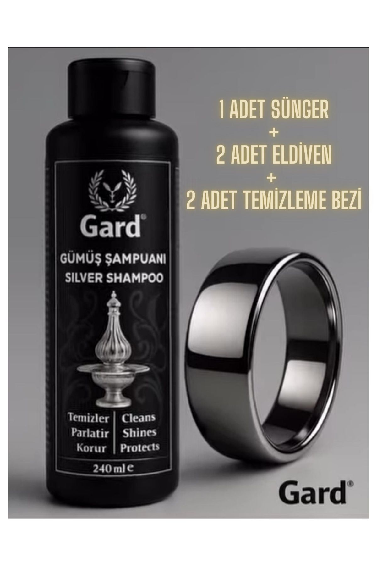 Gard Gümüş Parlatma Şampuanı 240 ml Sünger + 2 Eldiven + 2 Bez