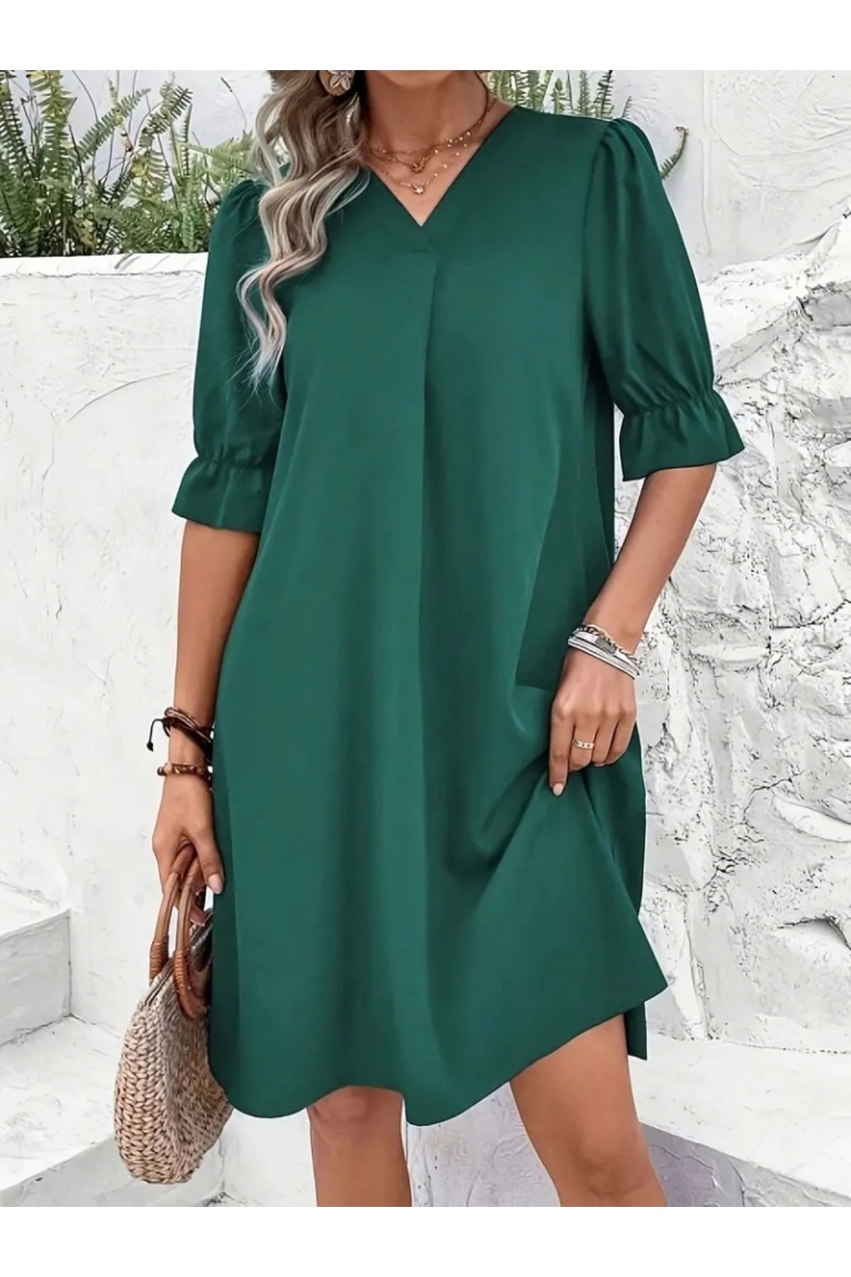 Butik Kadın Kısa Kollu V Yakalı Salaş Janjan Krep Elbise