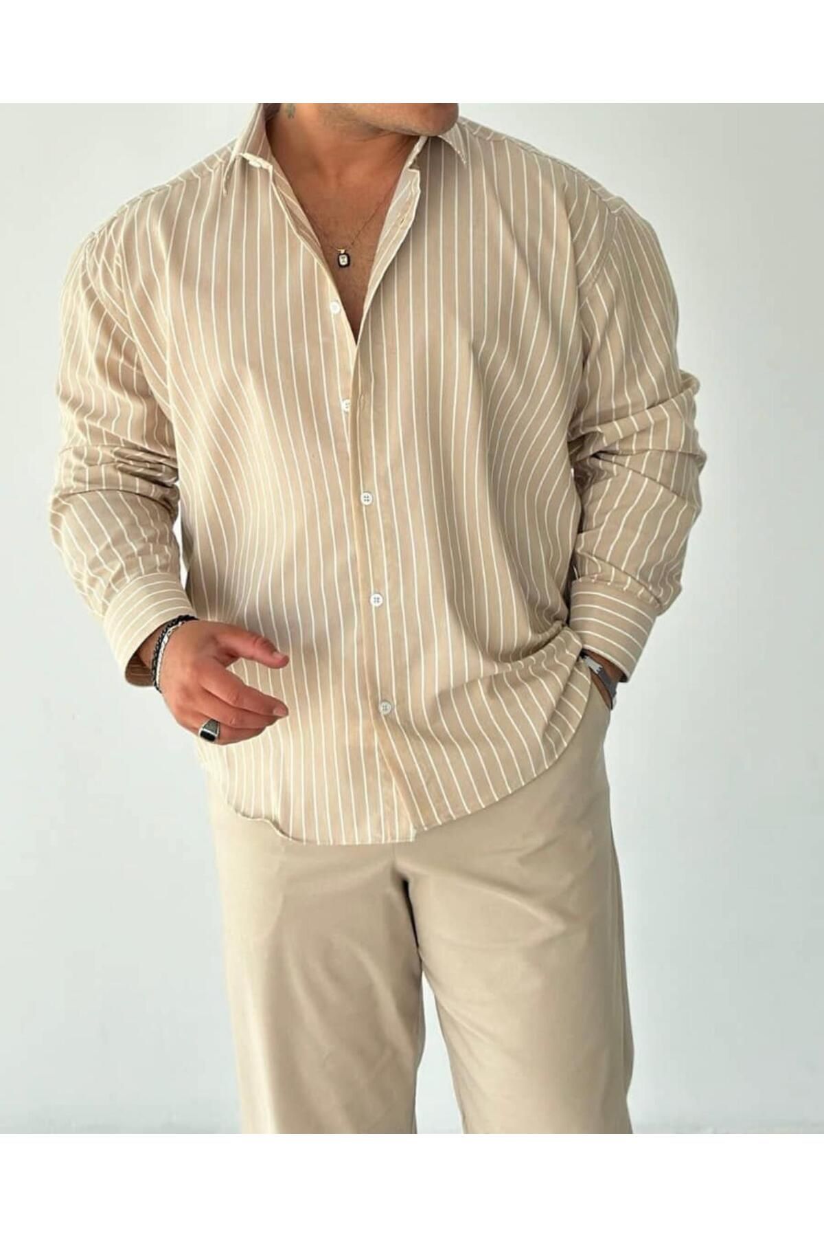 MENOFOURSWEAR Krem Çizgi Detaylı Oversize Gömlek
