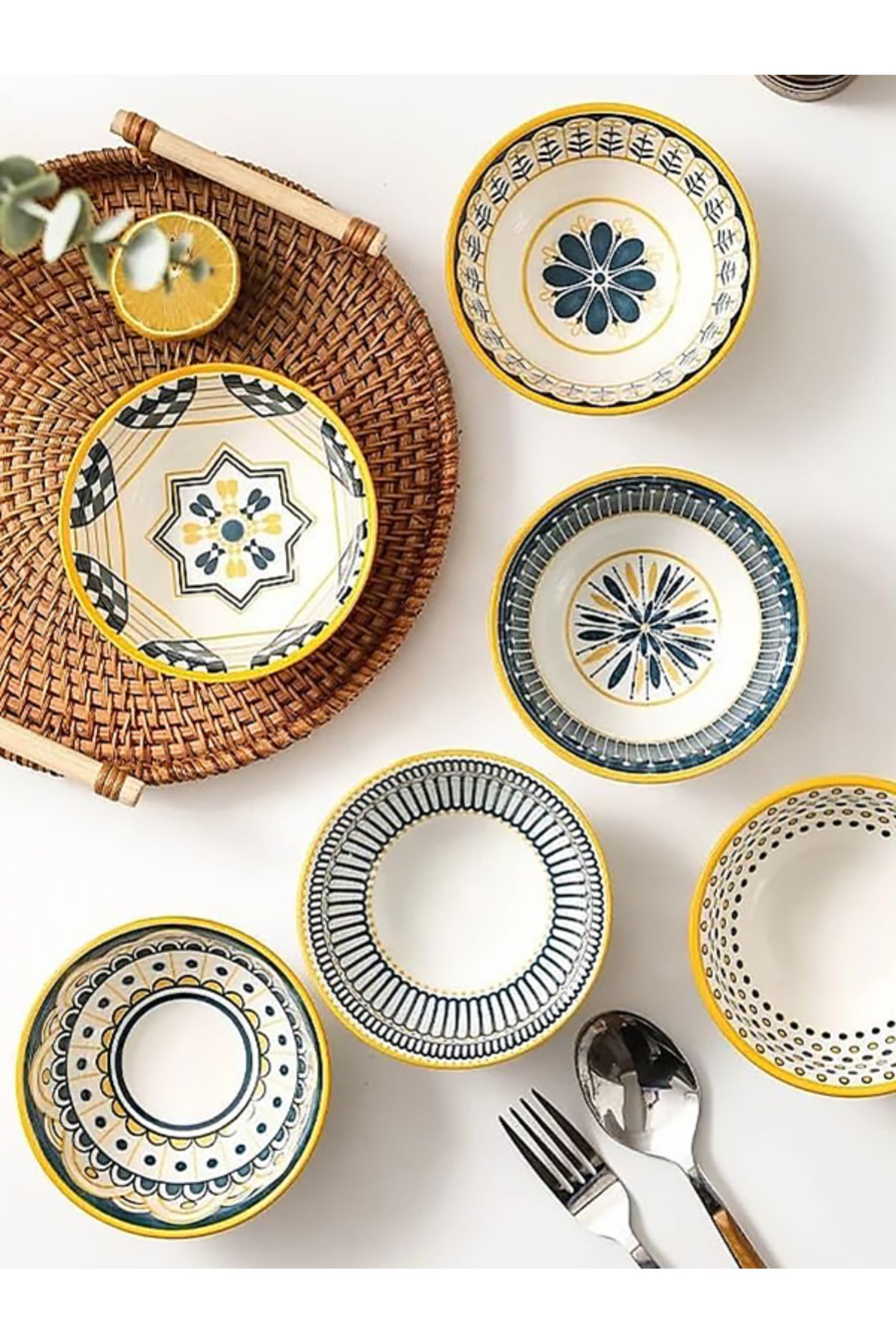 MUKKO HOME 6'lı Desenli Porselen Kase Seti 320 ml, Çorbalık, Kahvaltılık, Atıştırmalık Kase Hediyelik Kutulu