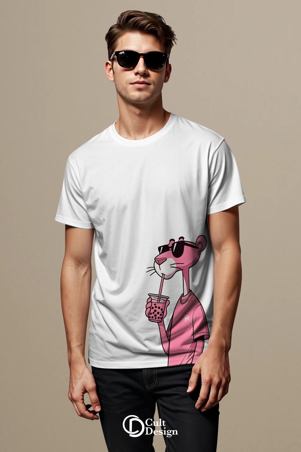 CULTDESİGN Pembe Panter Unisex Özel Premium Baskılı Basic, Organik Pamuklu, Bisiklet Yaka T-Shirt