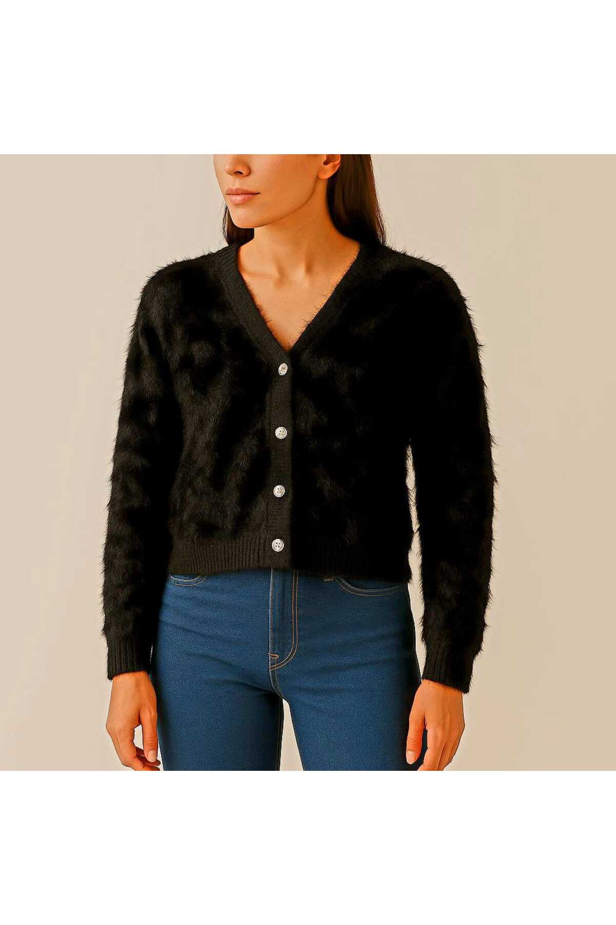 جاكيت قصير من الموهير الأسود برقبة على شكل حرف V للنساء والفتيات من