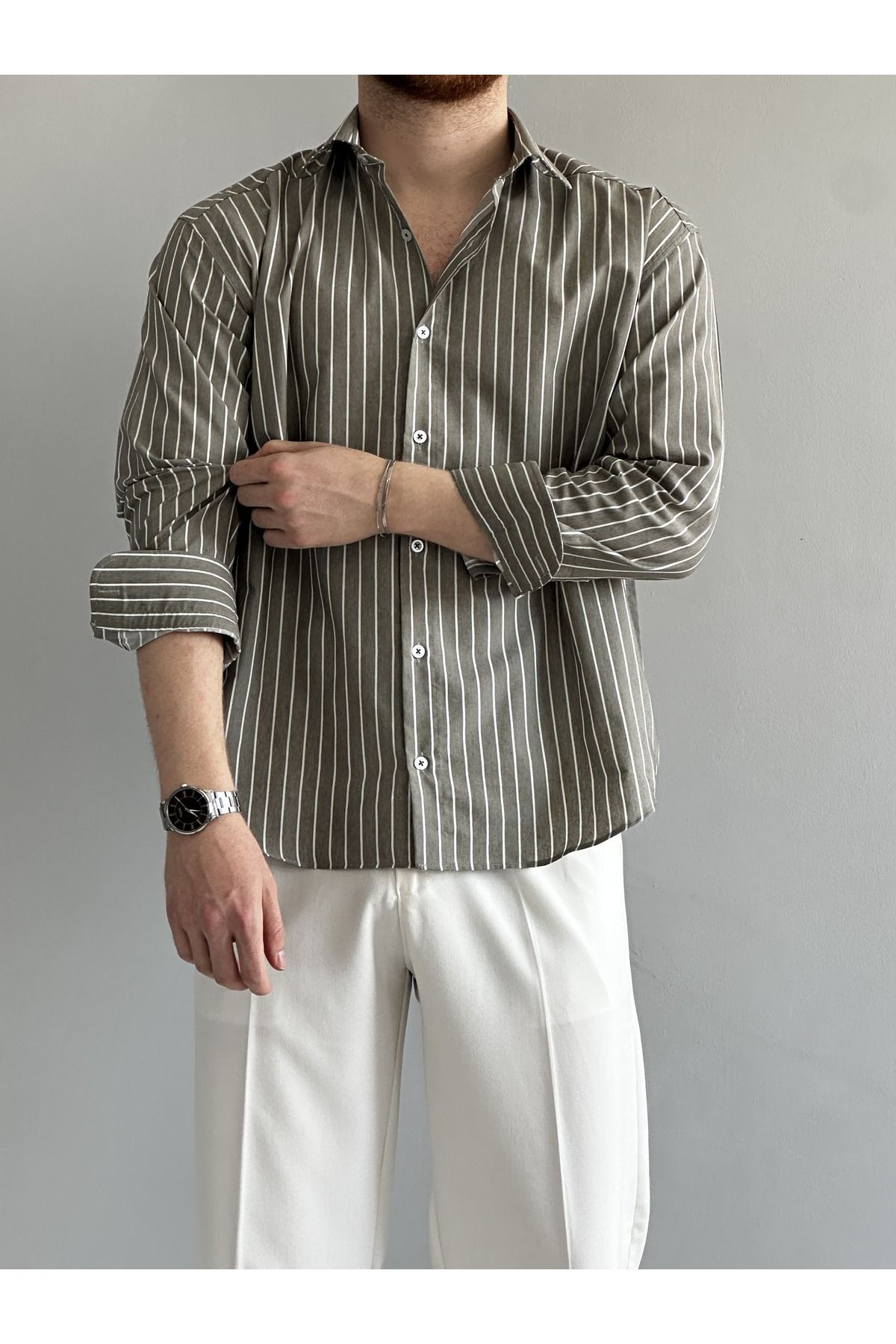 MENOFOURSWEAR Çağla Yeşili Çizgi Detaylı Oversize Gömlek