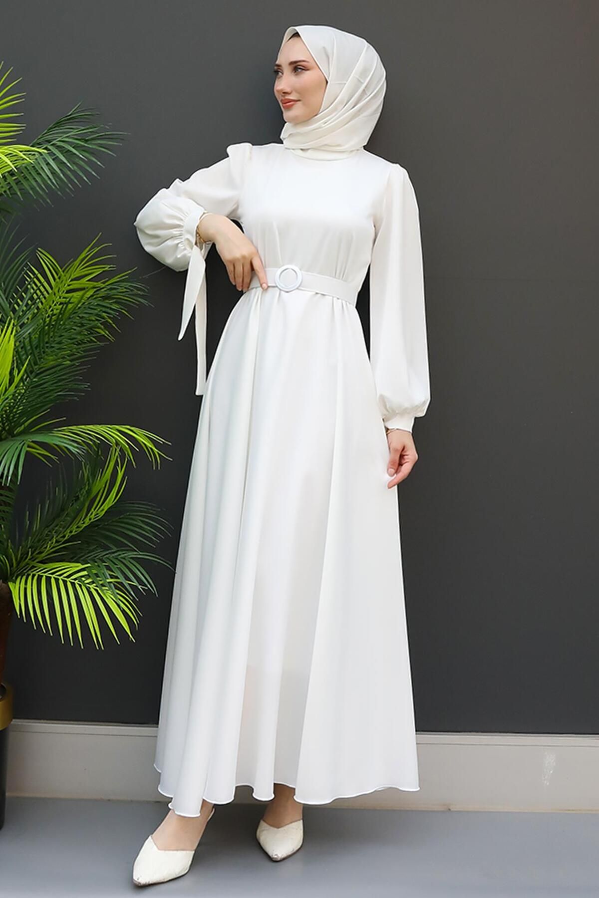 GİYZAMİLA-Satin Belted Dress White 1