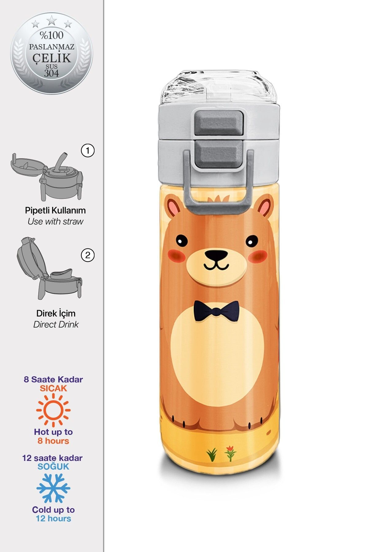 Coral High Kids Capybara Desenli Pipetli ve Direkt İçim Çelik Termos 500 ml 31793