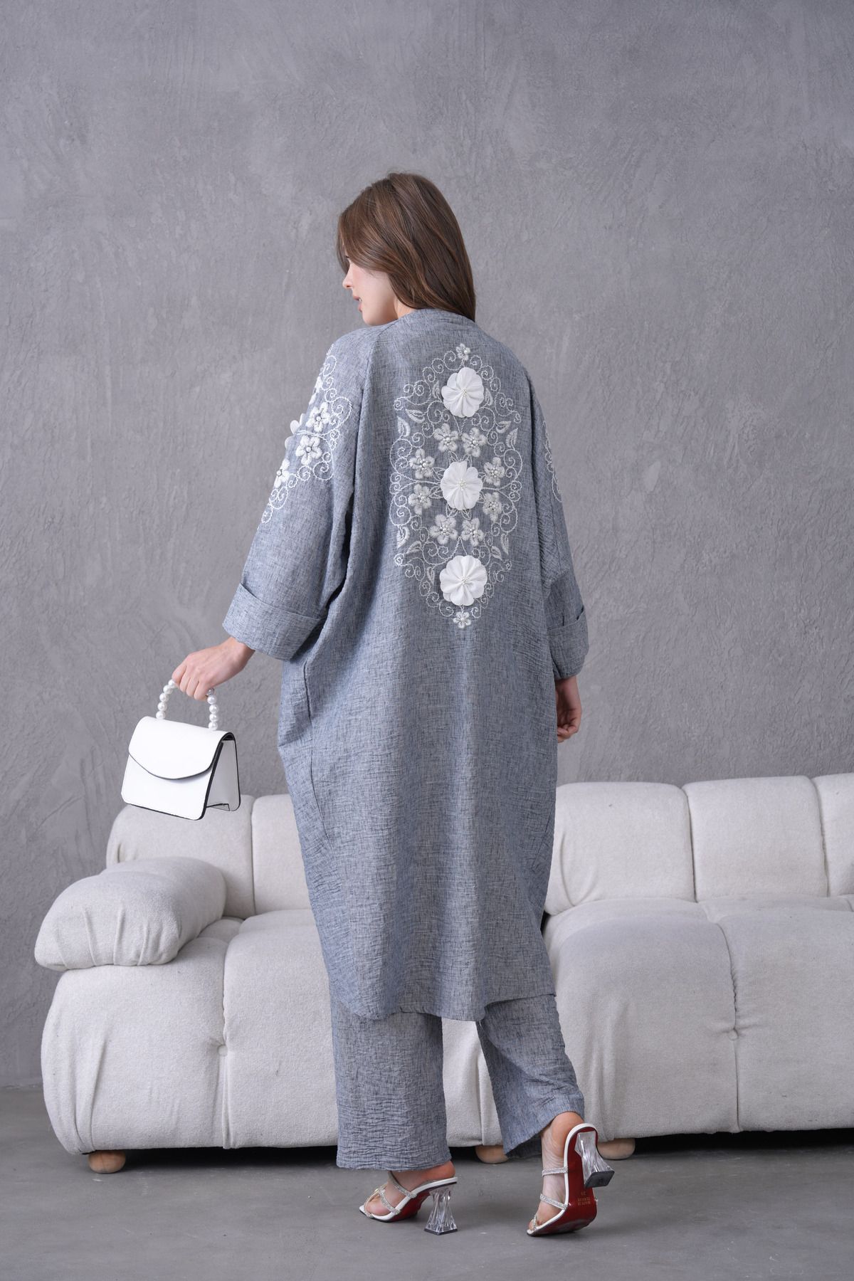 Miss Allos Kadın Arkası Ve Kolları Nakışlı Çiçek Ve İnci Süslemeli Keten Kimono Hırka Ve Pantolon Alt Üst Takım