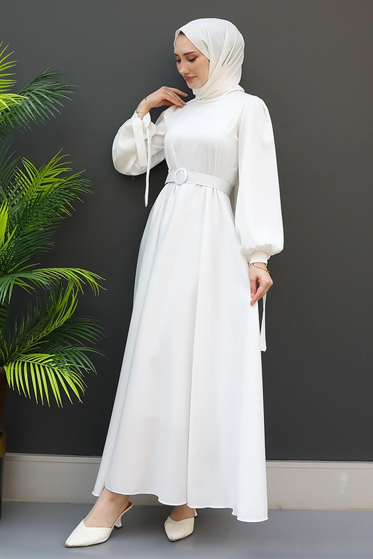 GİYZAMİLA-Satin Belted Dress White 2