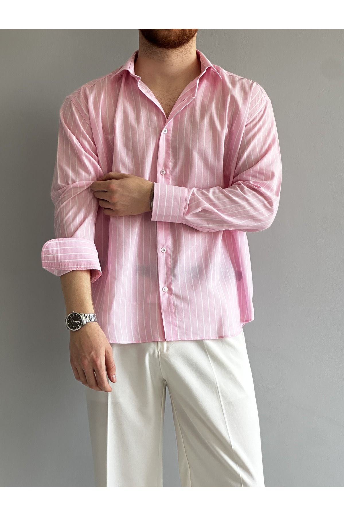MENOFOURSWEAR Pembe Çizgi Detaylı Oversize Gömlek