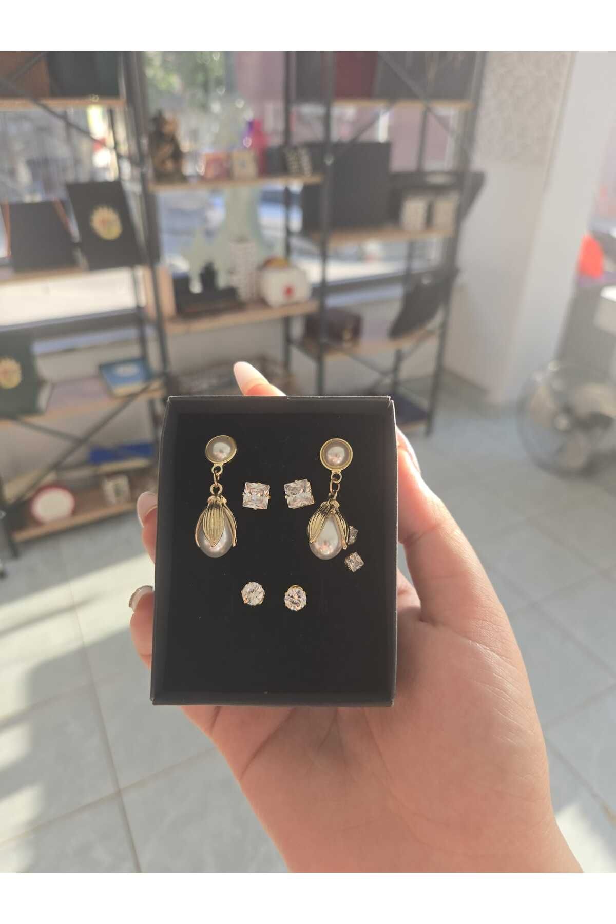 ERASLAN İnci Gold - Zirkon Taşlı Çelik Küpe Set (KUTUSUZDUR)