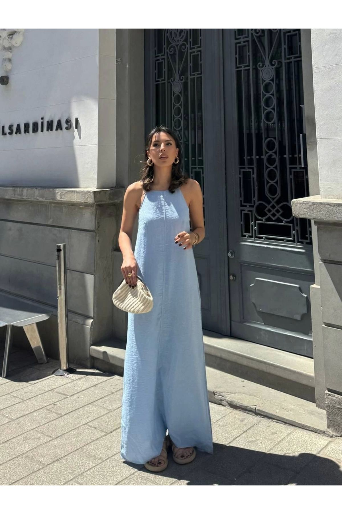 Ecenin Favorileri Bebe Mavisi Askılı Keten Maxi Elbise