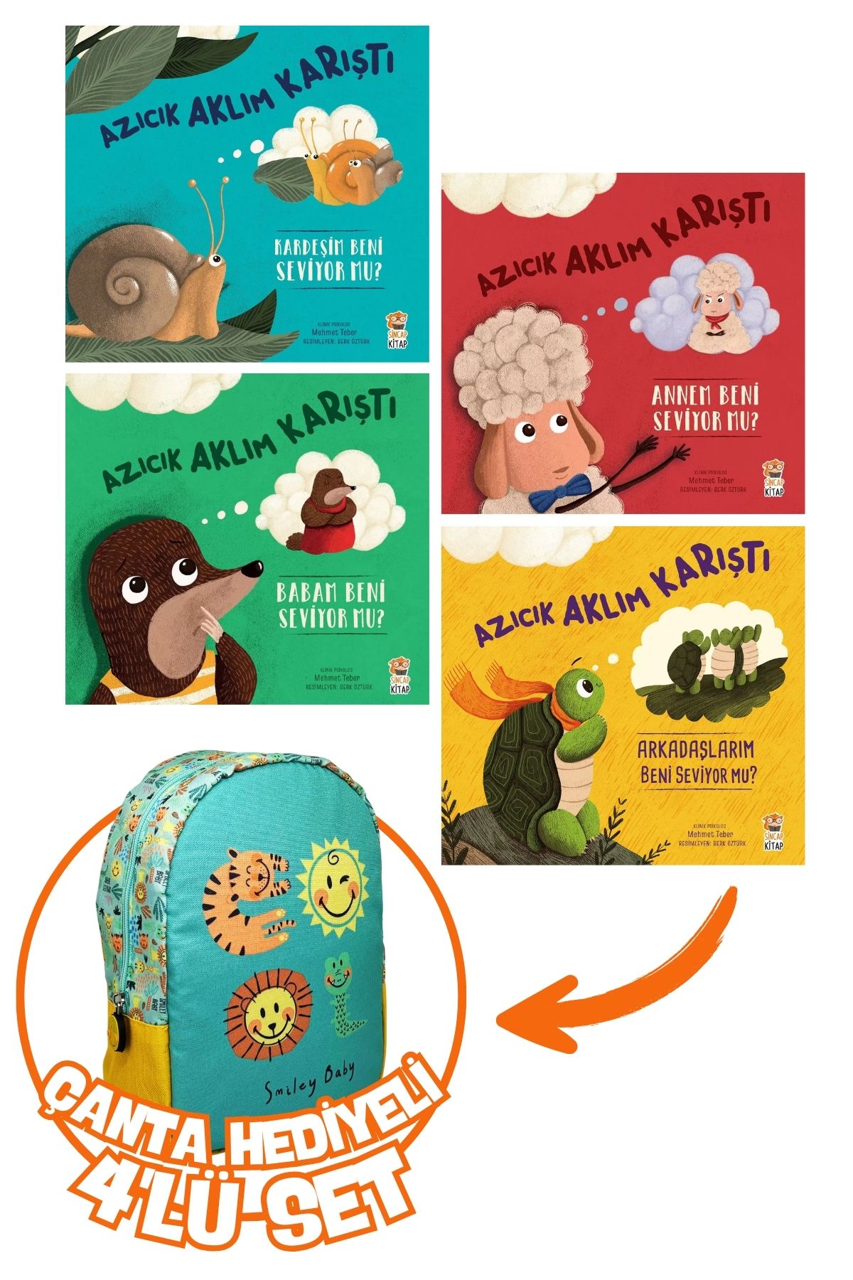 Sincap Kitap Azıcık Aklım Karıştı Annem/Babam/Kardeşim/Arkadaşım 4'lü Set+Hediye SmileyBaby Yırtıcı Anaokul Çanta