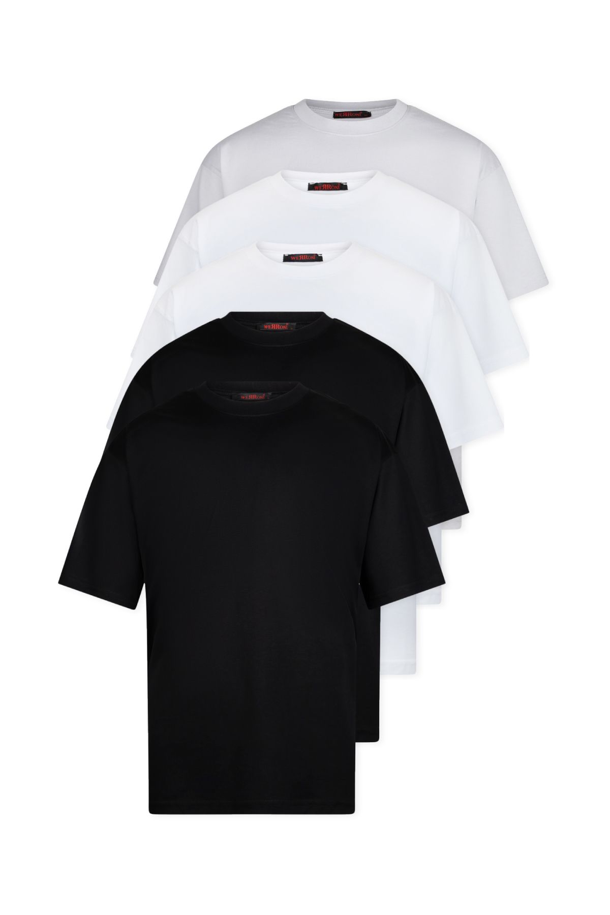 WERRONİ 5'li Oversize Basic T-Shirt - Beyaz - Beyaz - Siyah - Siyah - Gri