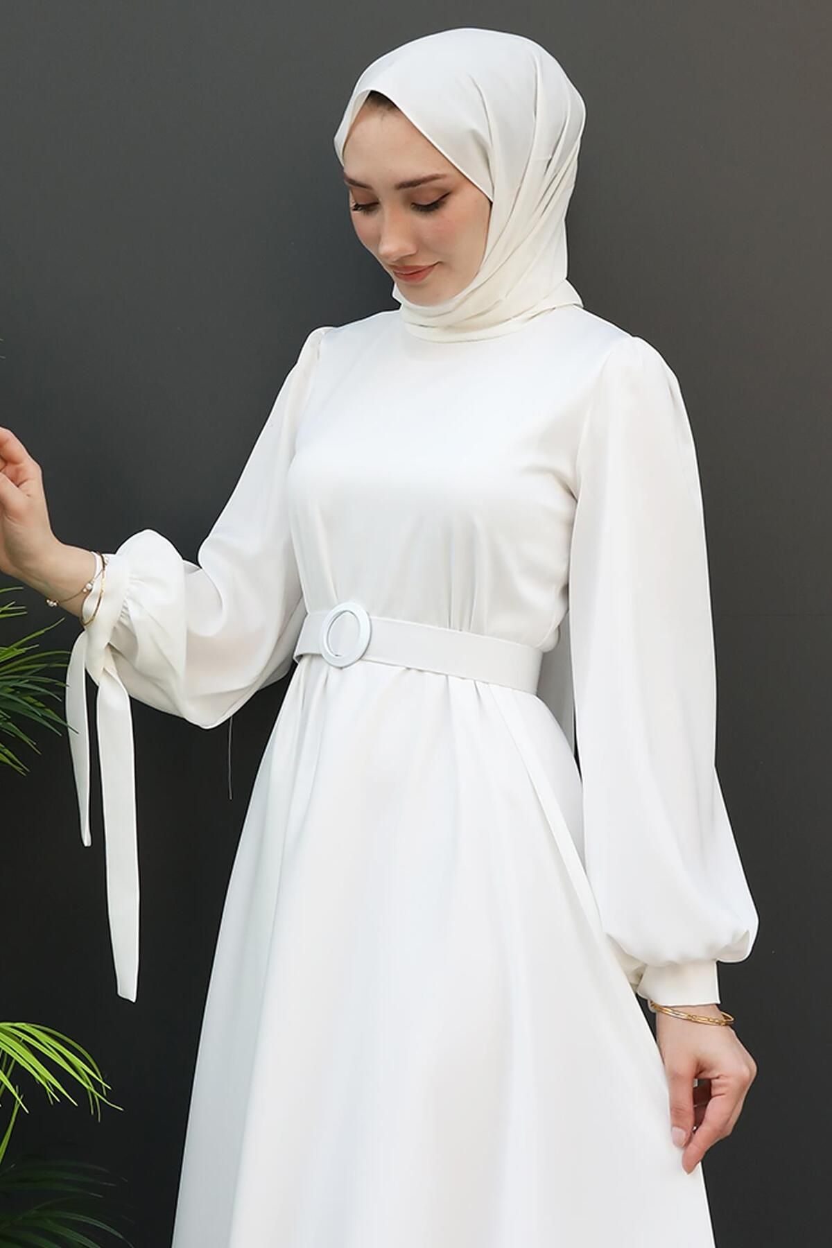 GİYZAMİLA-Satin Belted Dress White 5