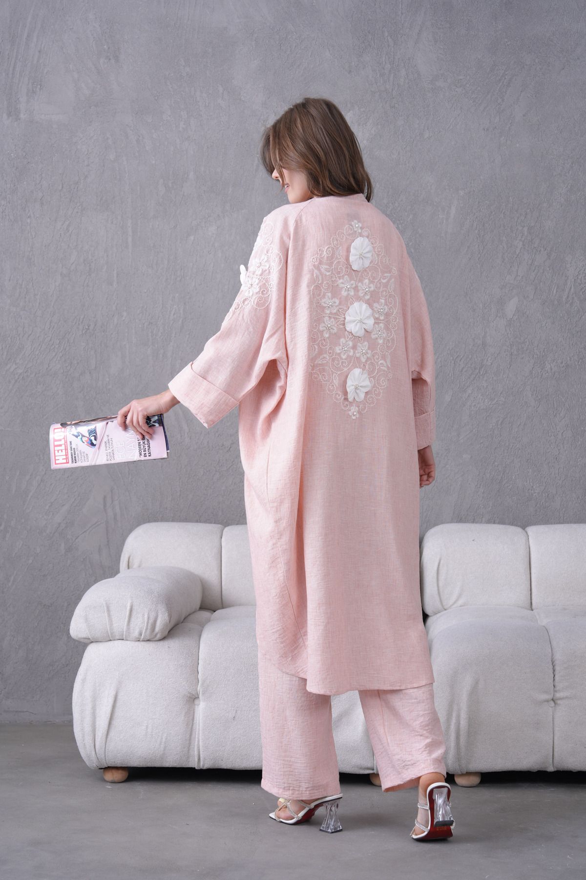 Miss Allos Kadın Arkası Ve Kolları Nakışlı Çiçek Ve İnci Süslemeli Keten Kimono Hırka Ve Pantolon Alt Üst Takım
