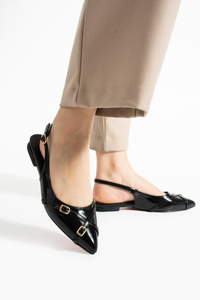 Extra Shoes İstanbul Şıklığın Simgesi Kadın Siyah Rugan Sivri Burunlu Babet A...