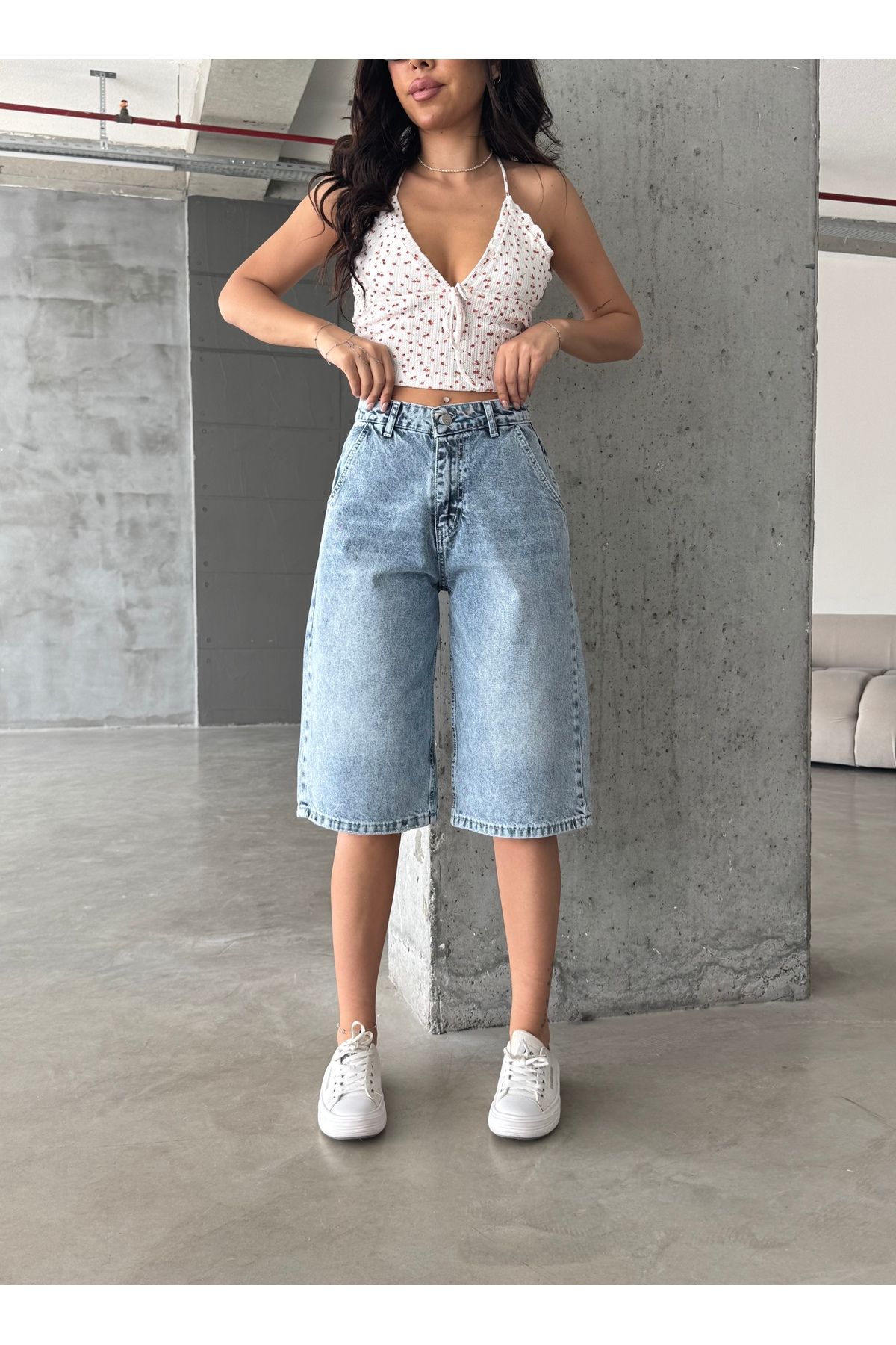 Swet Shop Jeans Kadın Yüksek Bel Soluk Efektli Vintage Bol Kesim Geniş Paça Baggy Denim Bermuda Şort