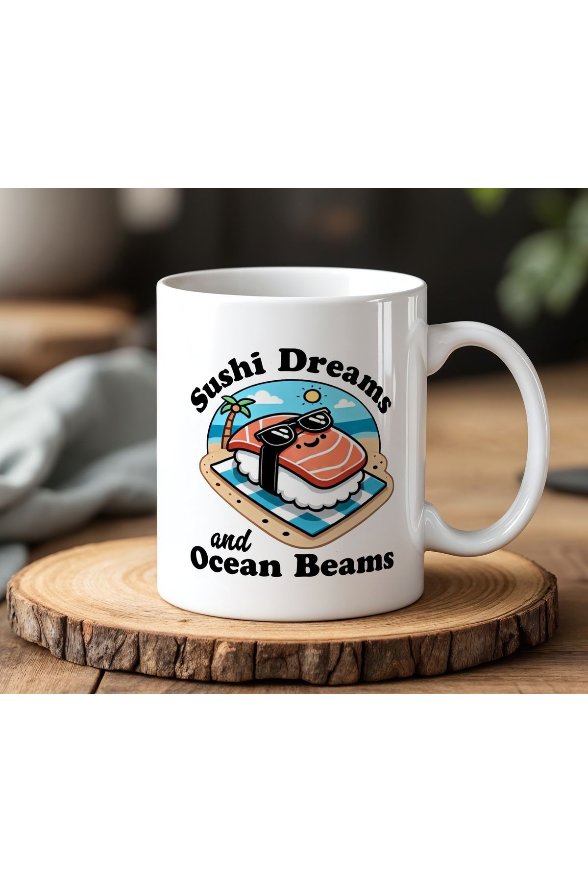 BB TRADE Sushi Dreams Tasarımlı Beyaz Seramik Baskılı Kupa Bardak 330ml