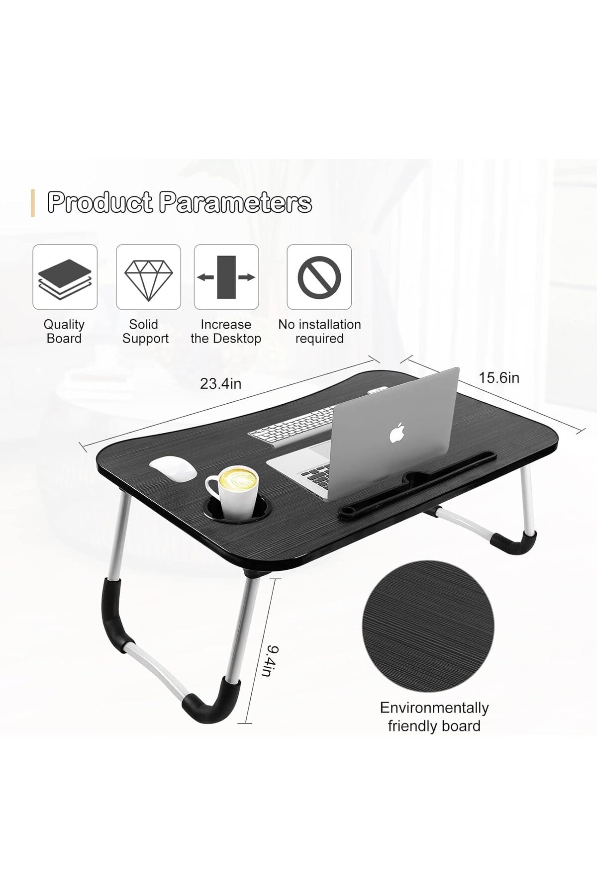 طاولة لابتوب للسرير محمولة قابلة للطي مع حامل أكواب للعمل وتناول الطعام والكتابة، لون اسود