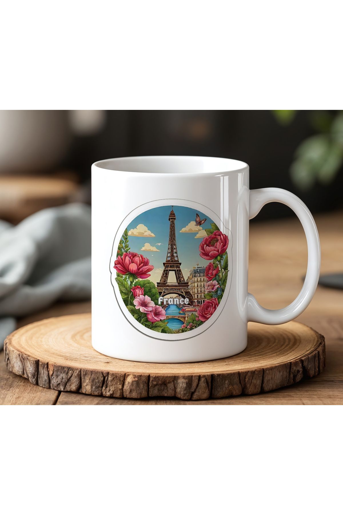 BB TRADE France Tasarımlı Beyaz Seramik Baskılı Kupa Bardak 330ml