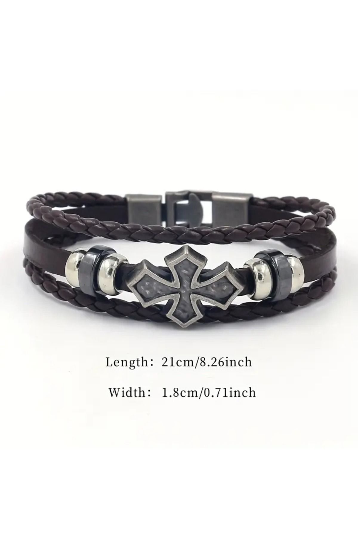 Feron accessories Erkek Deri Çelik Detaylı Örgü Bileklik – Gotik Haç Tasarımlı E-404