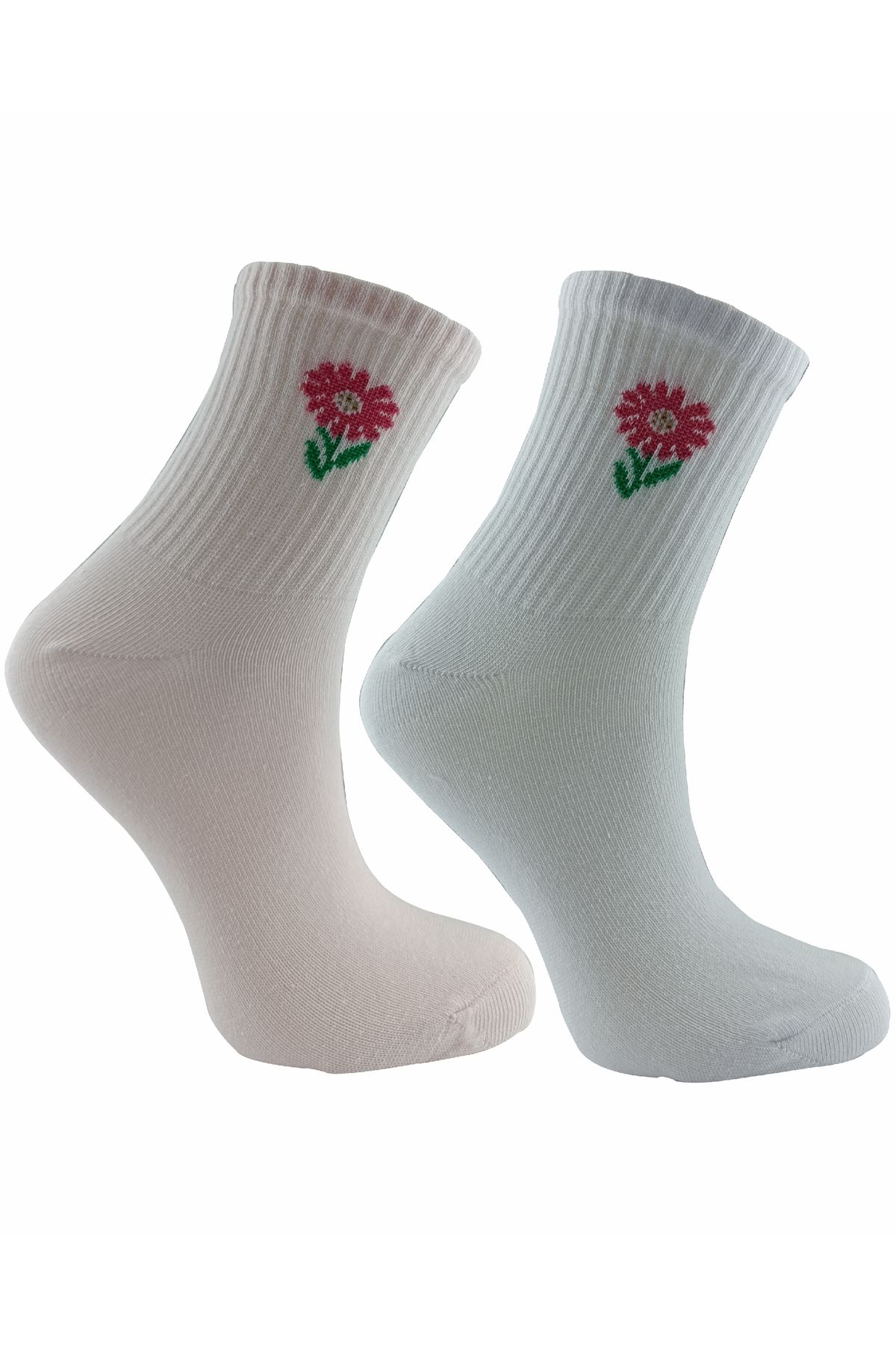 modasocks Çiçek desenli 2 Çift Beyaz-Pembe kolej çorap