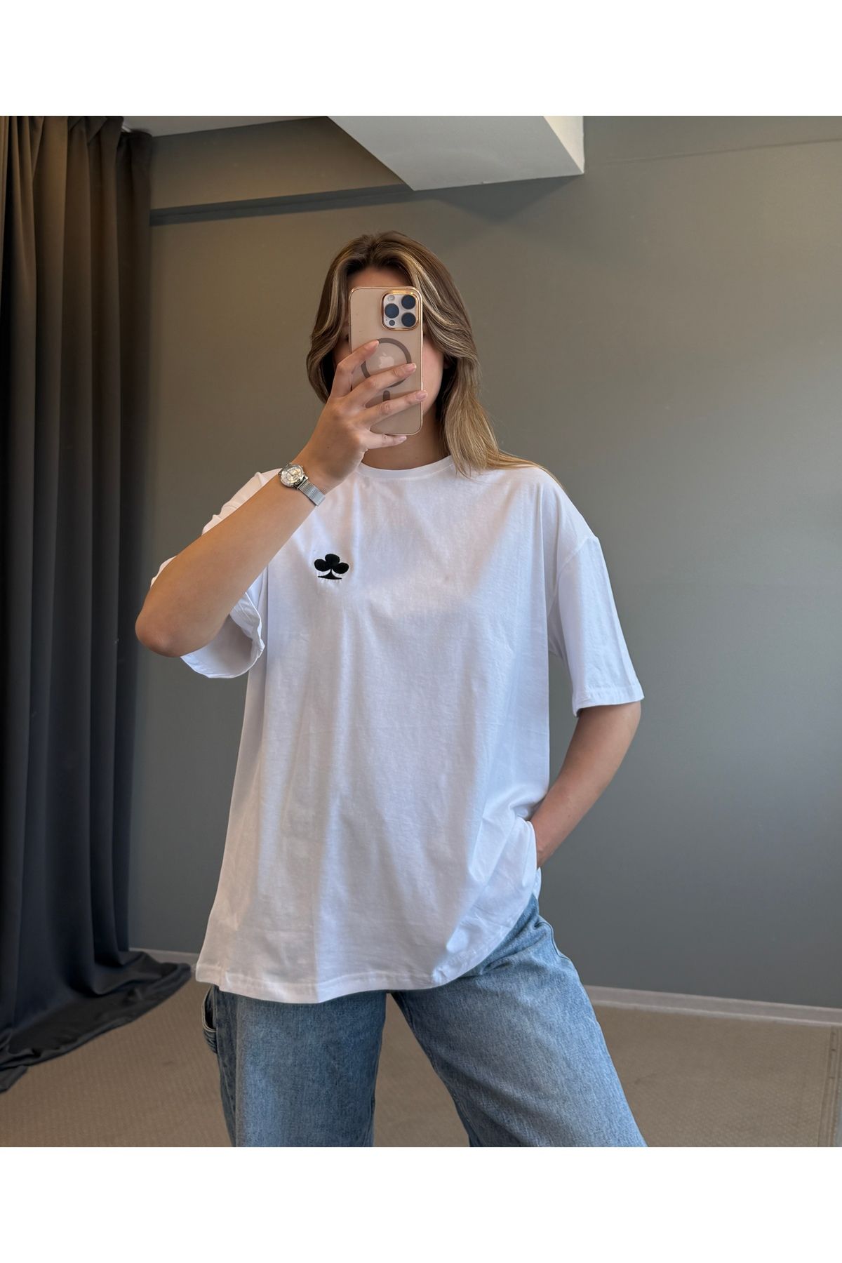 AlisaSu Beyaz Bisiklet Yaka SPR Baskı Detaylı T-Shirt