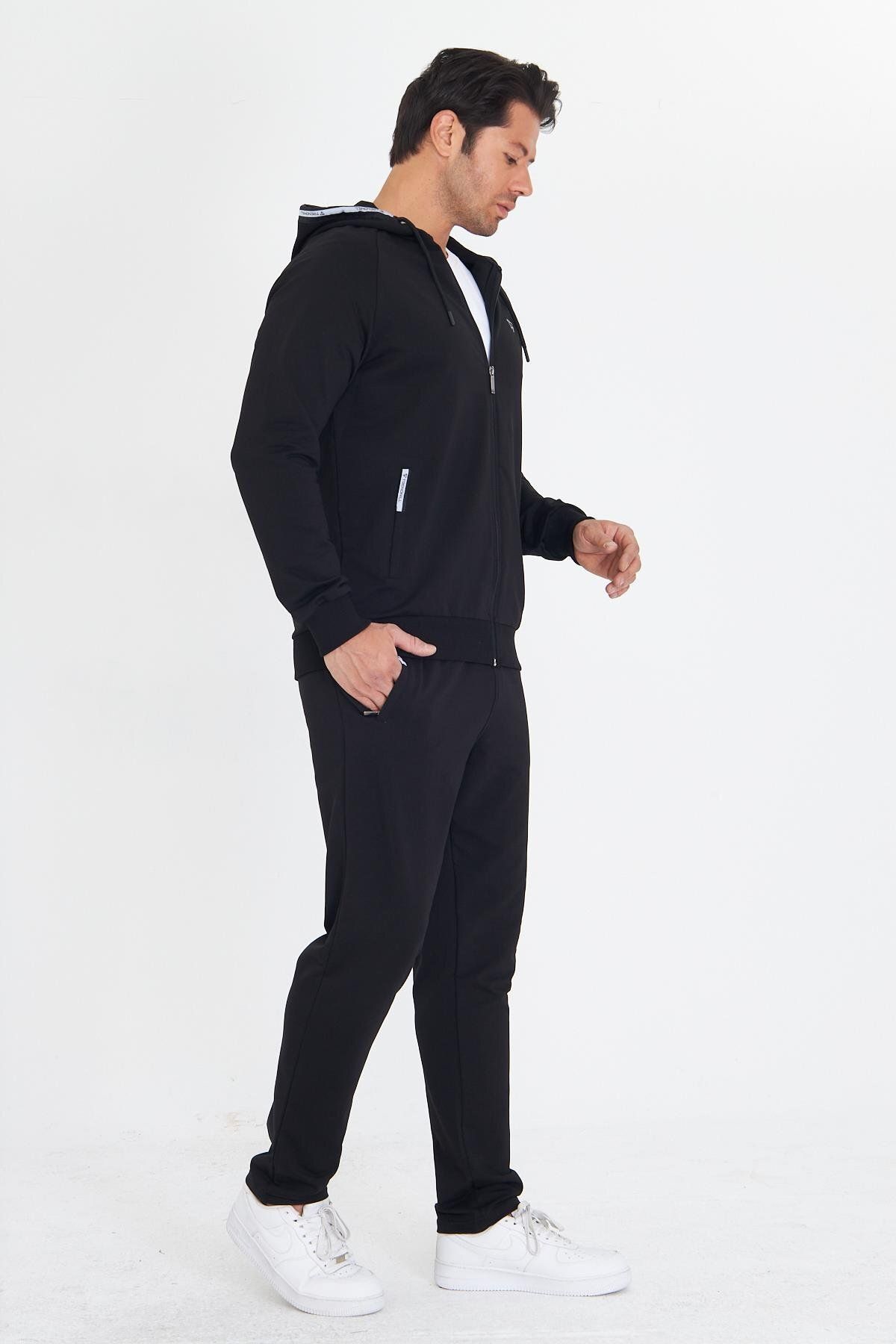 TRENDHİLL-Men's Cotton Hooded Tracksuit Set Black 5756-S 5