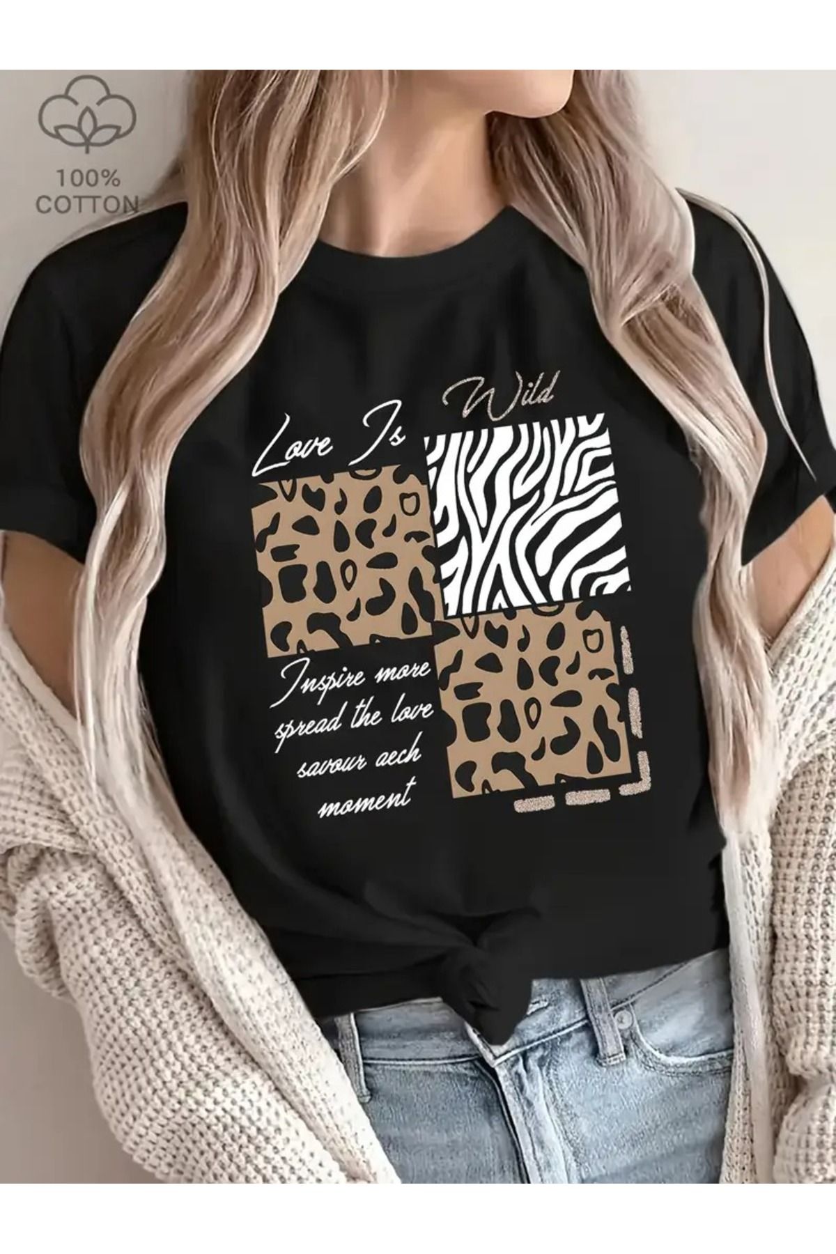 LAND MODA Kadınlar İçin %100 Pamuk Kısa Kollu Günlük Tişört - Beyaz Harf Baskı & Leopar Zebra Patchwork Desen